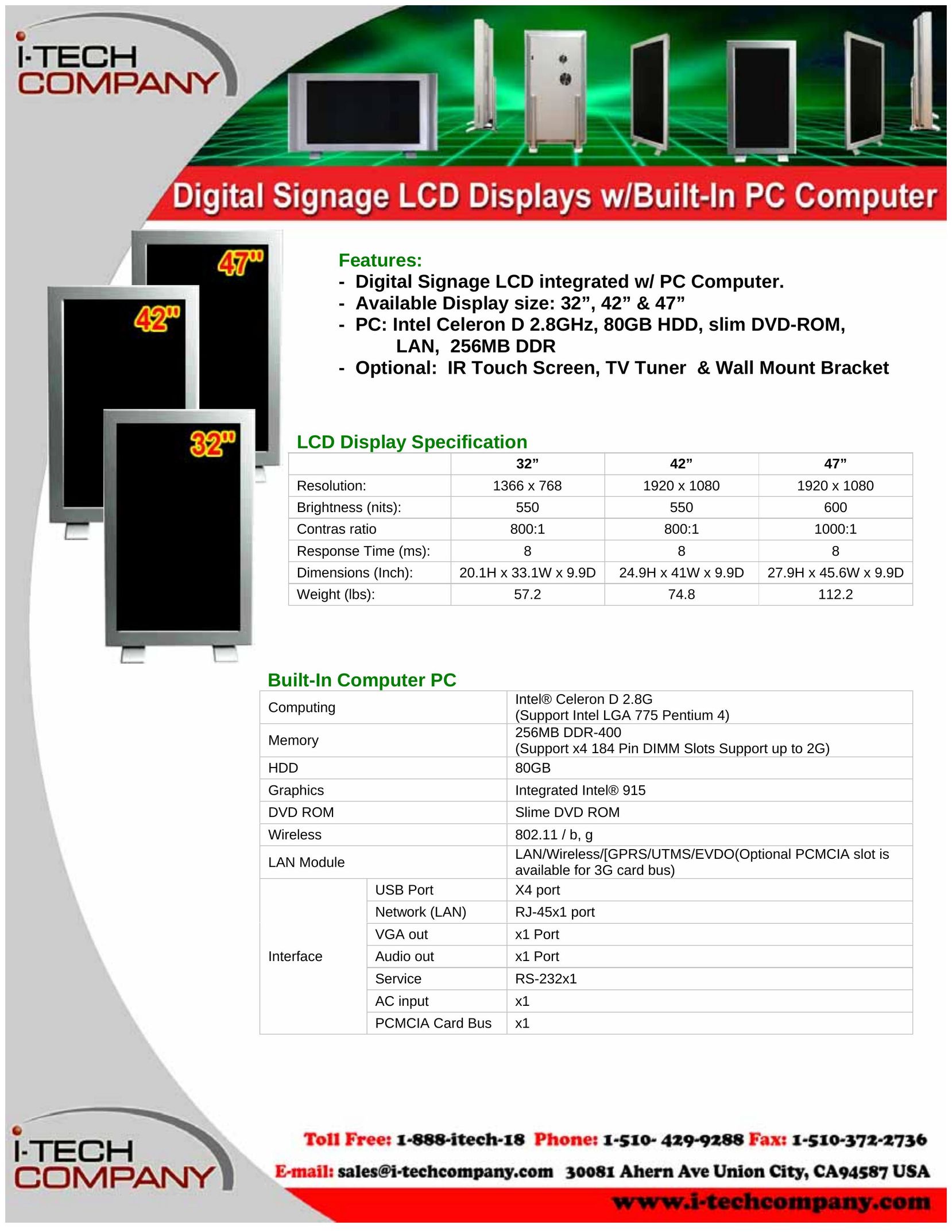 I-Tech Company Digital Signage LCD integrated w/ PC Computer Computer Monitor User Manual