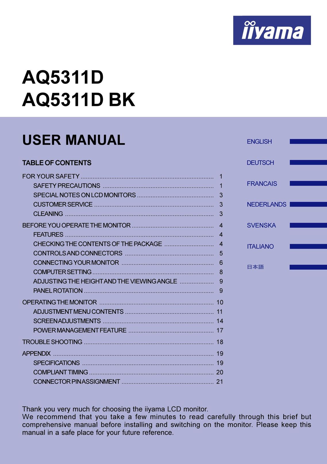 Iiyama AQ5311D Computer Monitor User Manual