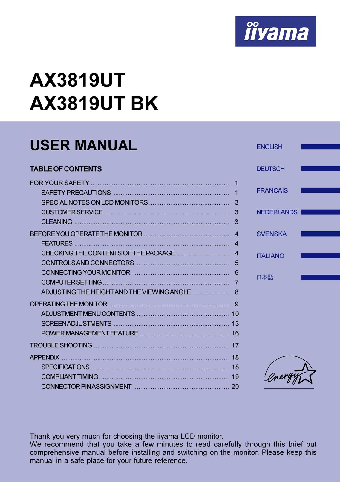 Iiyama AX3819UT Computer Monitor User Manual