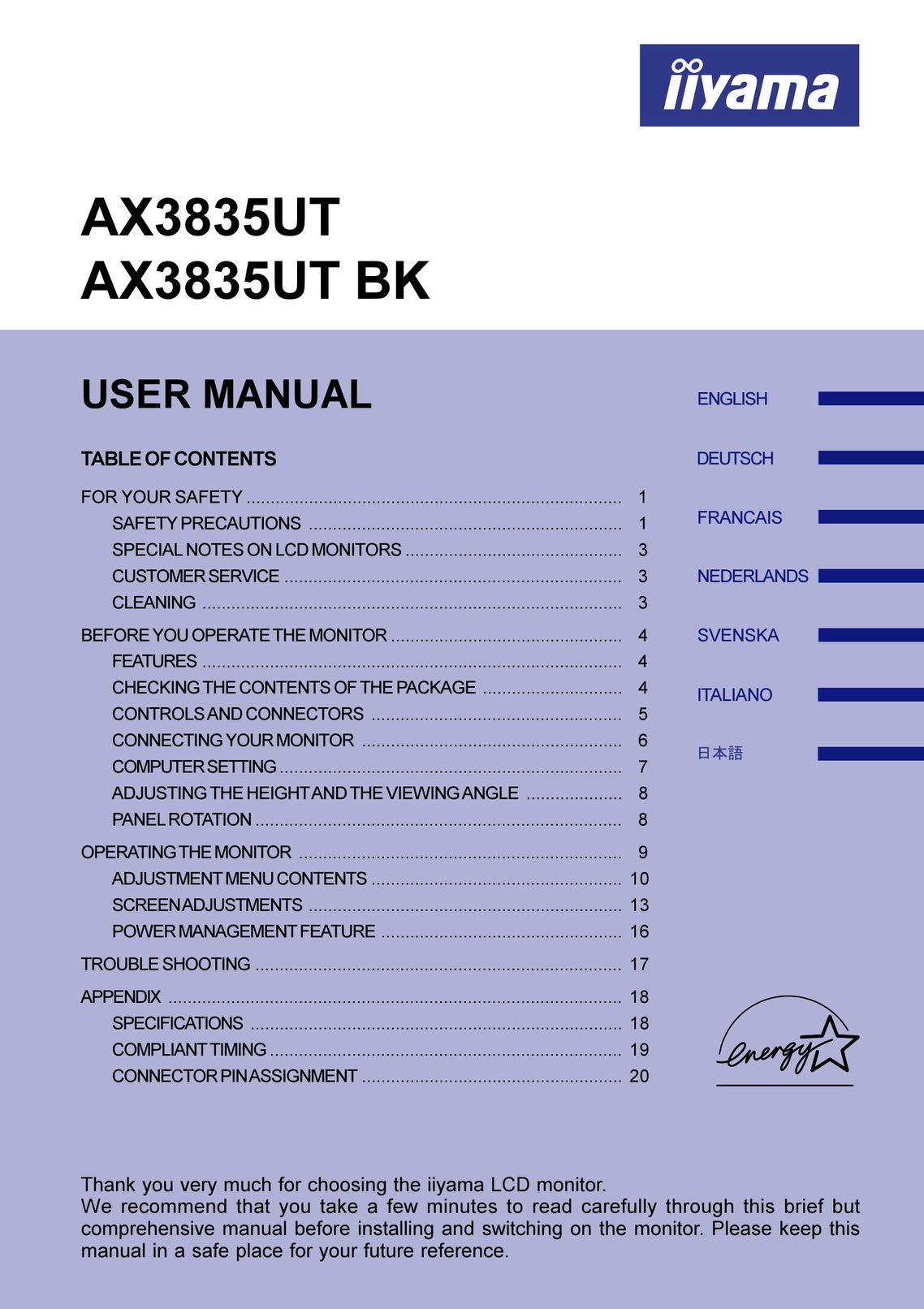 Iiyama AX3835UT Computer Monitor User Manual