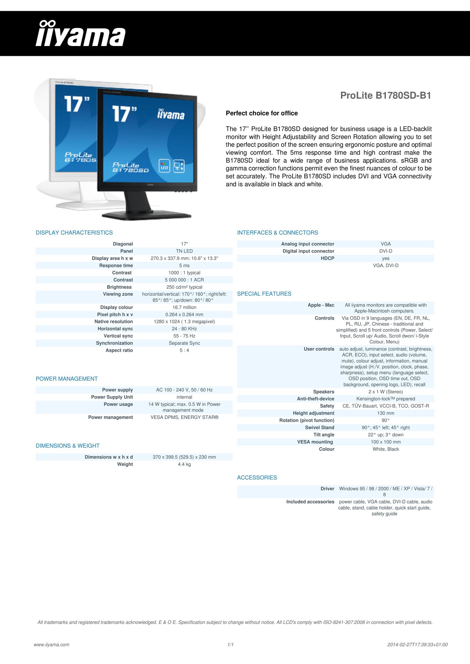 Iiyama B1780SD-B1 Computer Monitor User Manual
