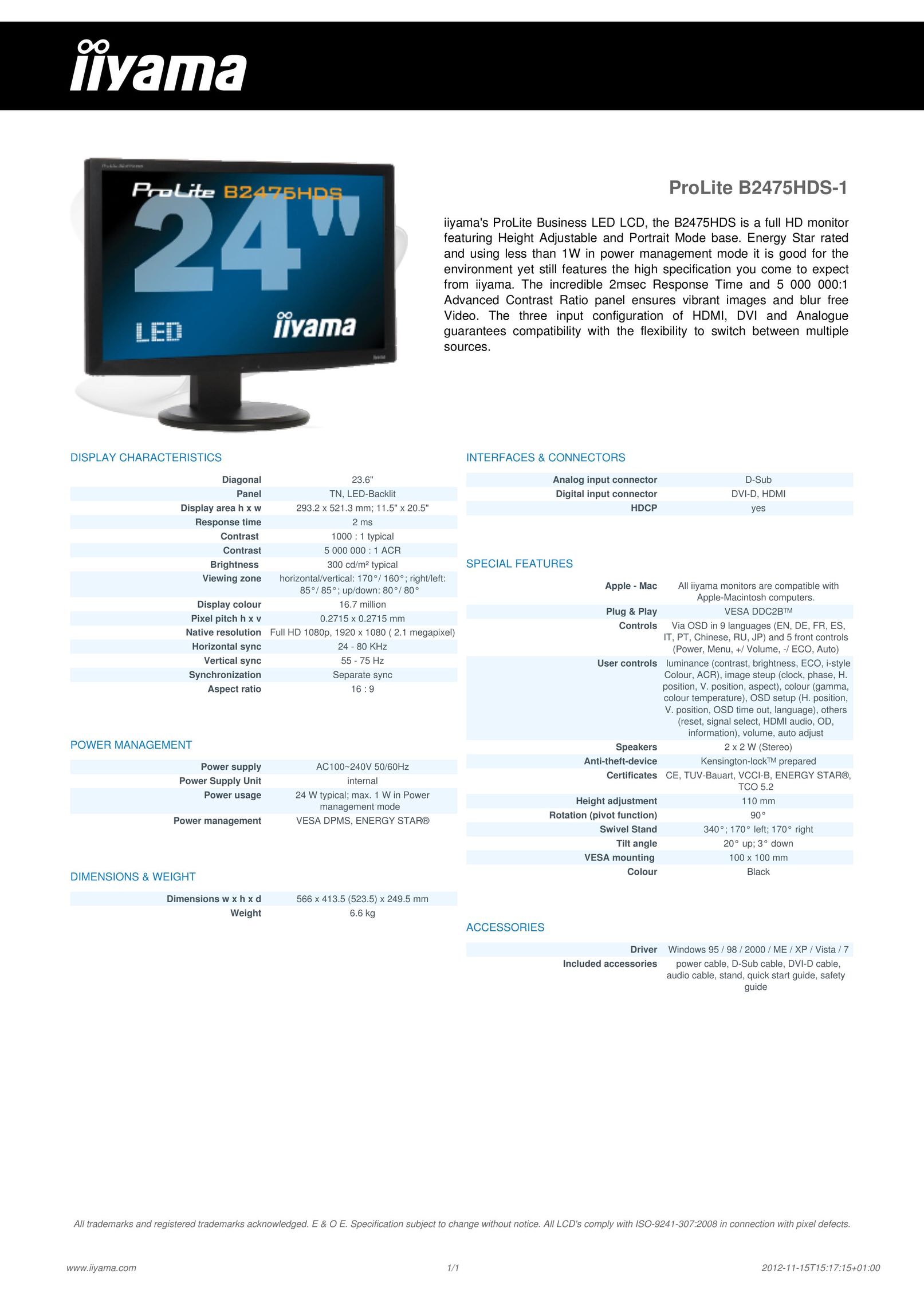 Iiyama B2475HDS-1 Computer Monitor User Manual