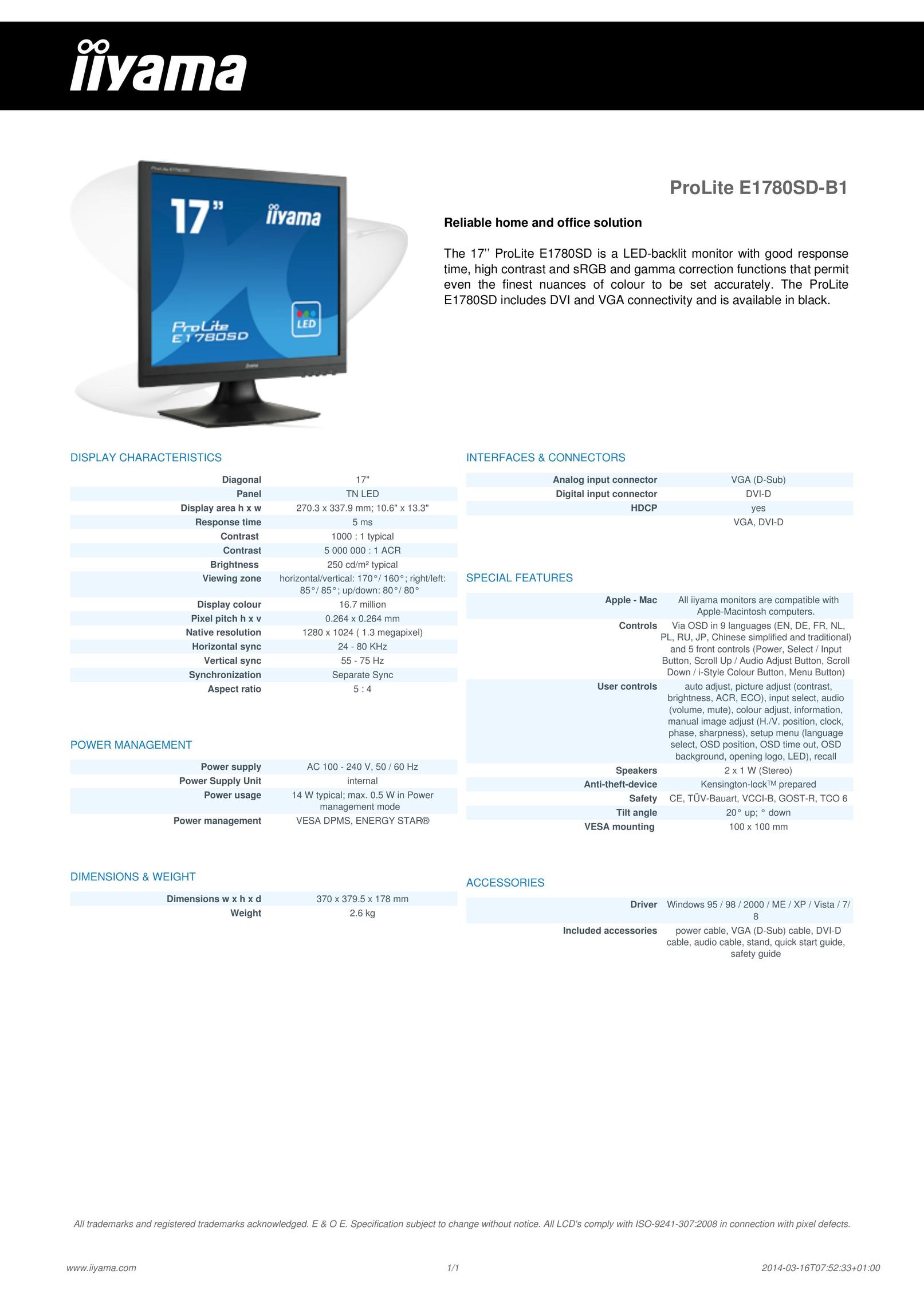 Iiyama E1780SD-B1 Computer Monitor User Manual