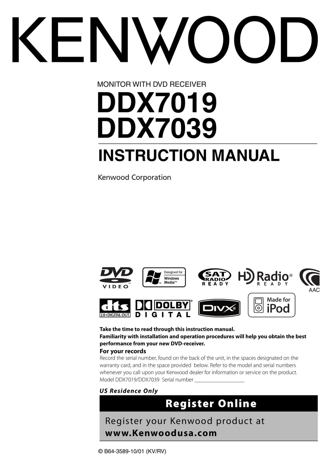 Kenwood DDX7019 Computer Monitor User Manual