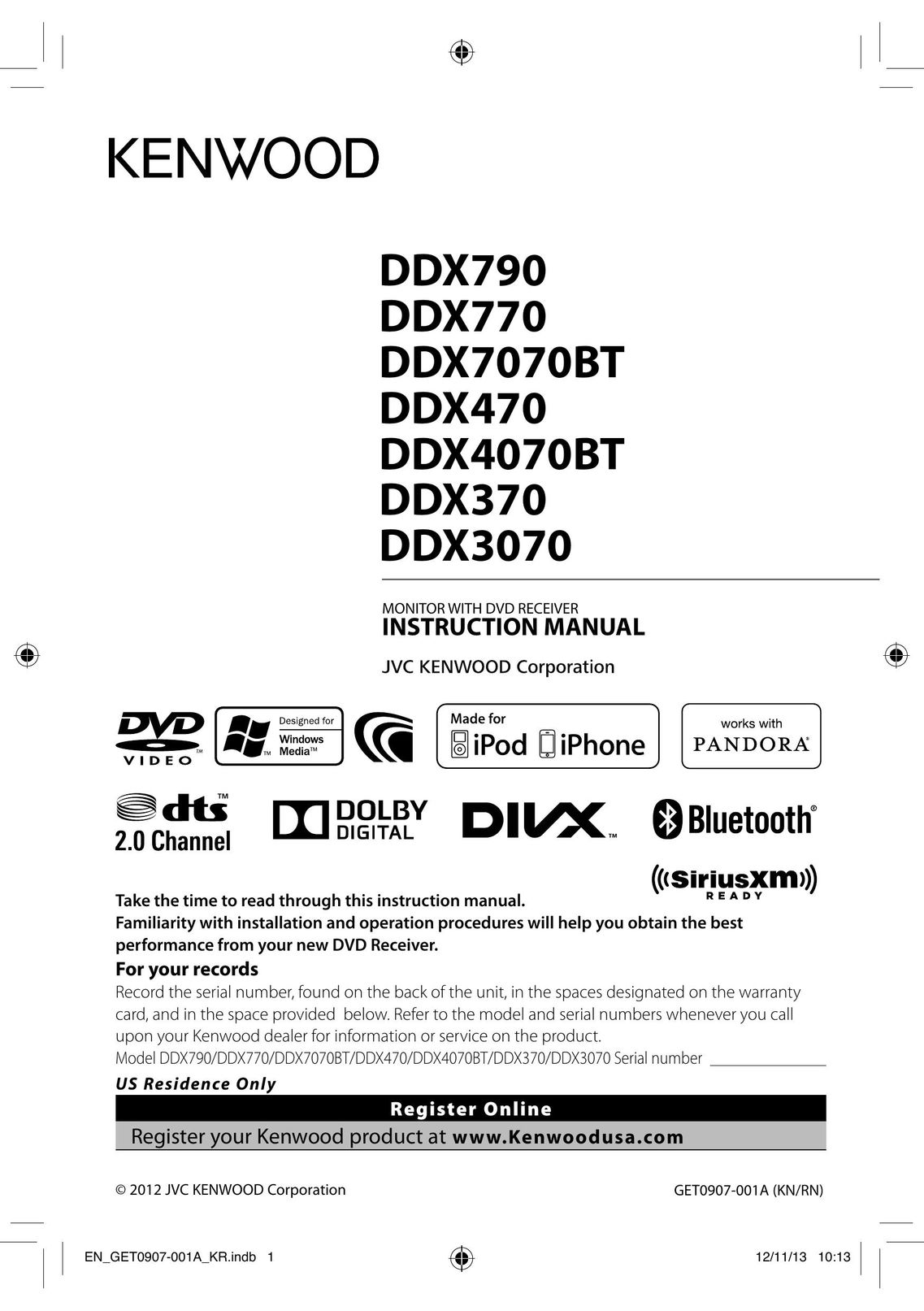 Kenwood DDX790 Computer Monitor User Manual