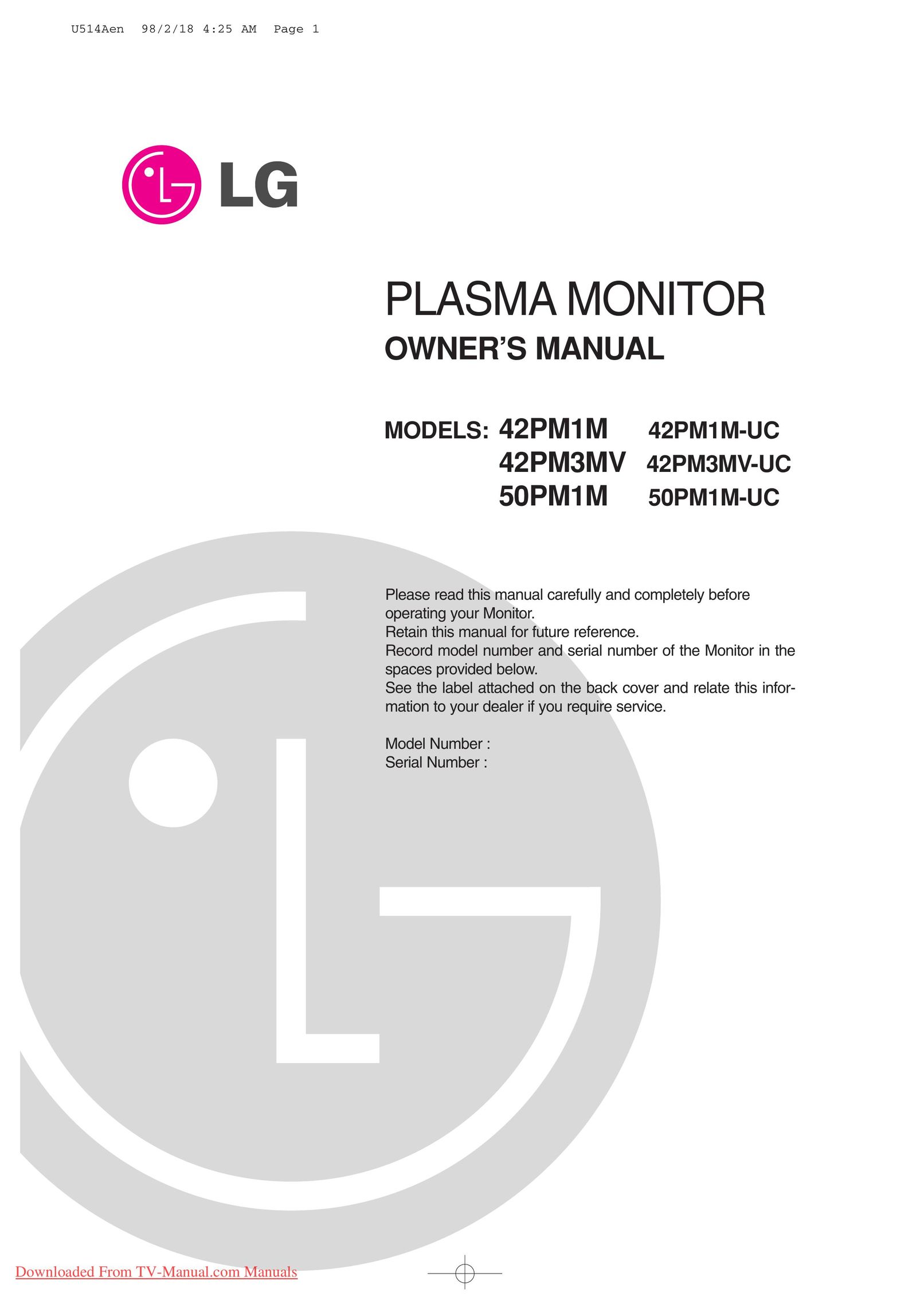 LG Electronics 42PM1M Computer Monitor User Manual