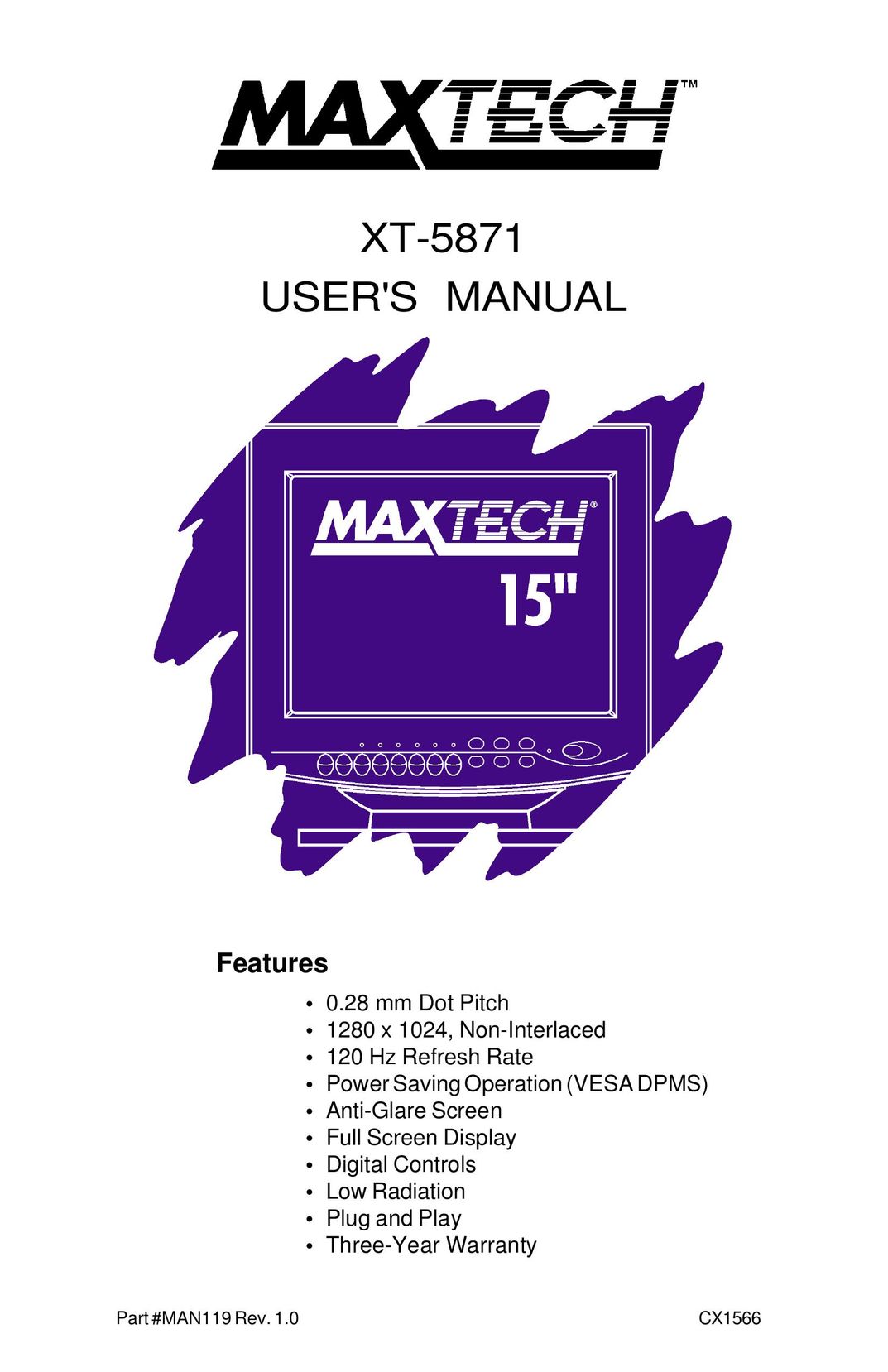 MaxTech XT-5871 Computer Monitor User Manual