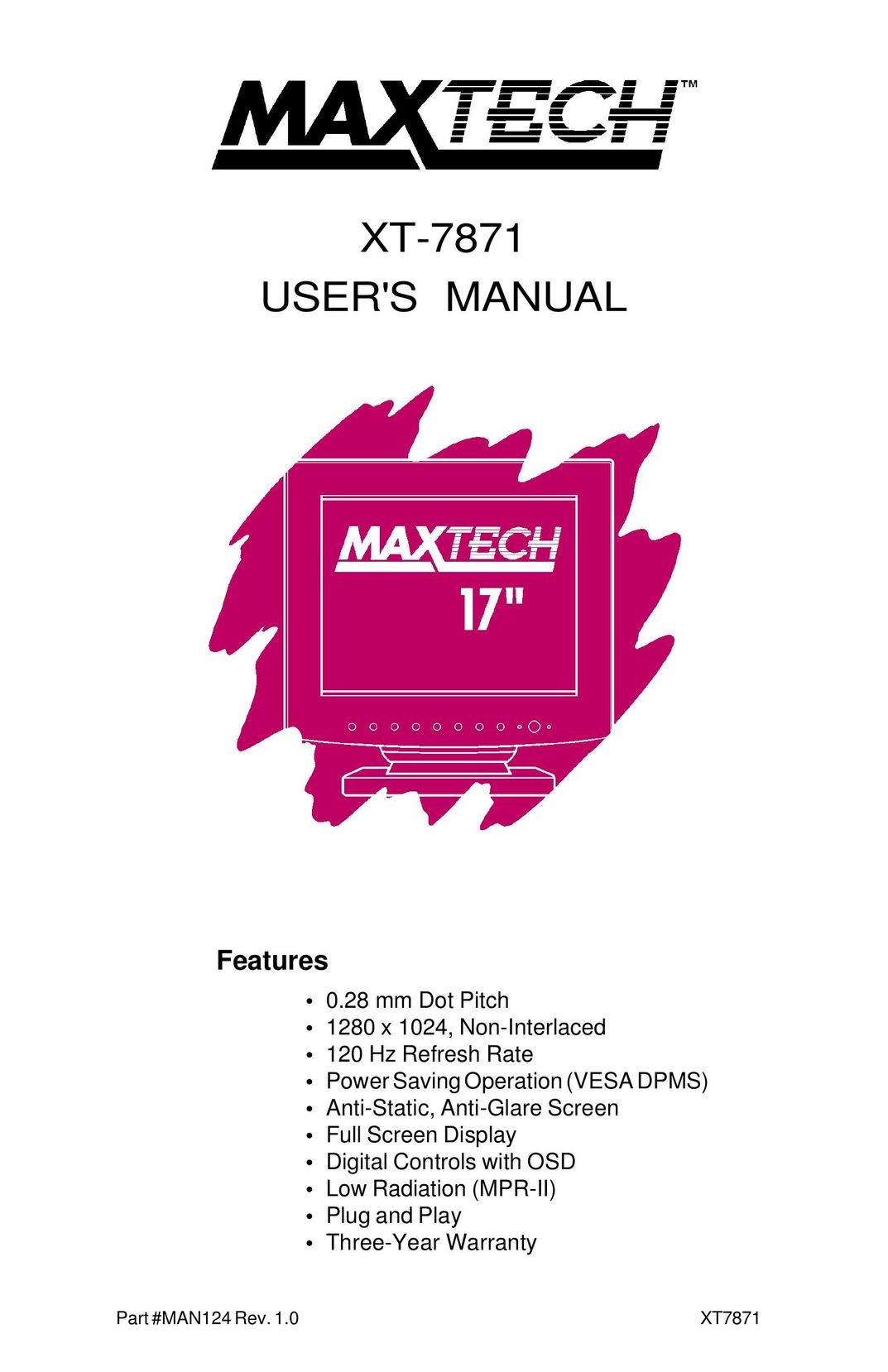 MaxTech XT-7871 Computer Monitor User Manual