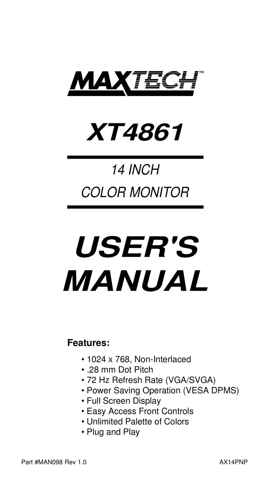 MaxTech XT4861 Computer Monitor User Manual