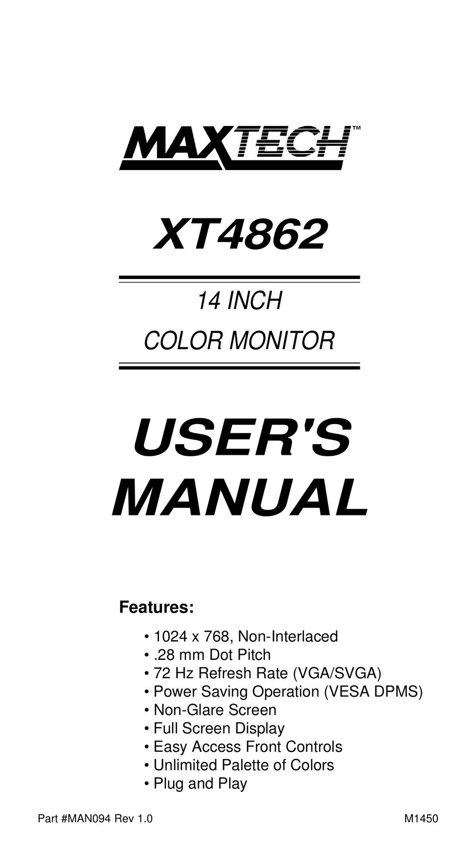 MaxTech XT4862 Computer Monitor User Manual