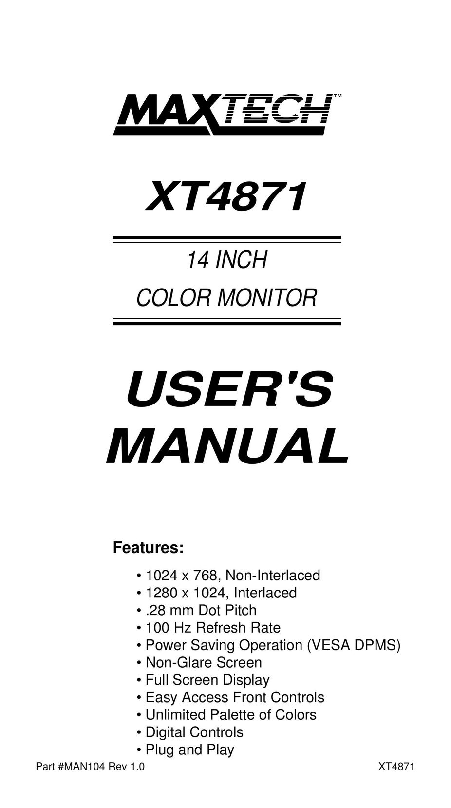 MaxTech XT4871 Computer Monitor User Manual
