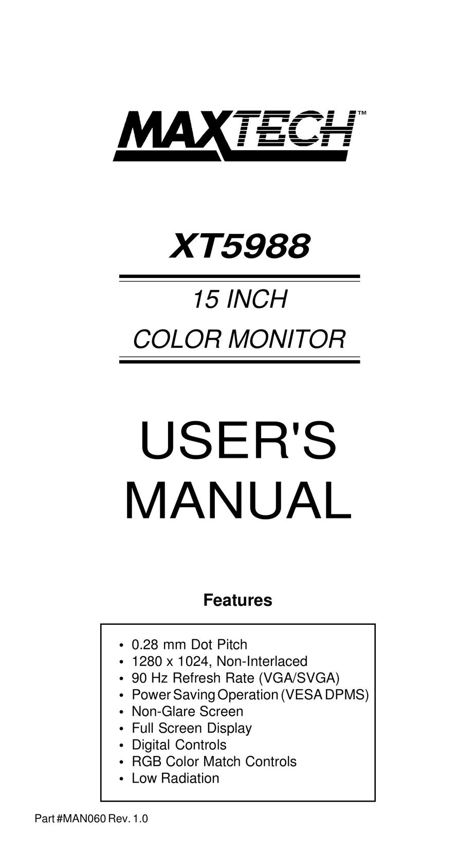 MaxTech XT5988 Computer Monitor User Manual