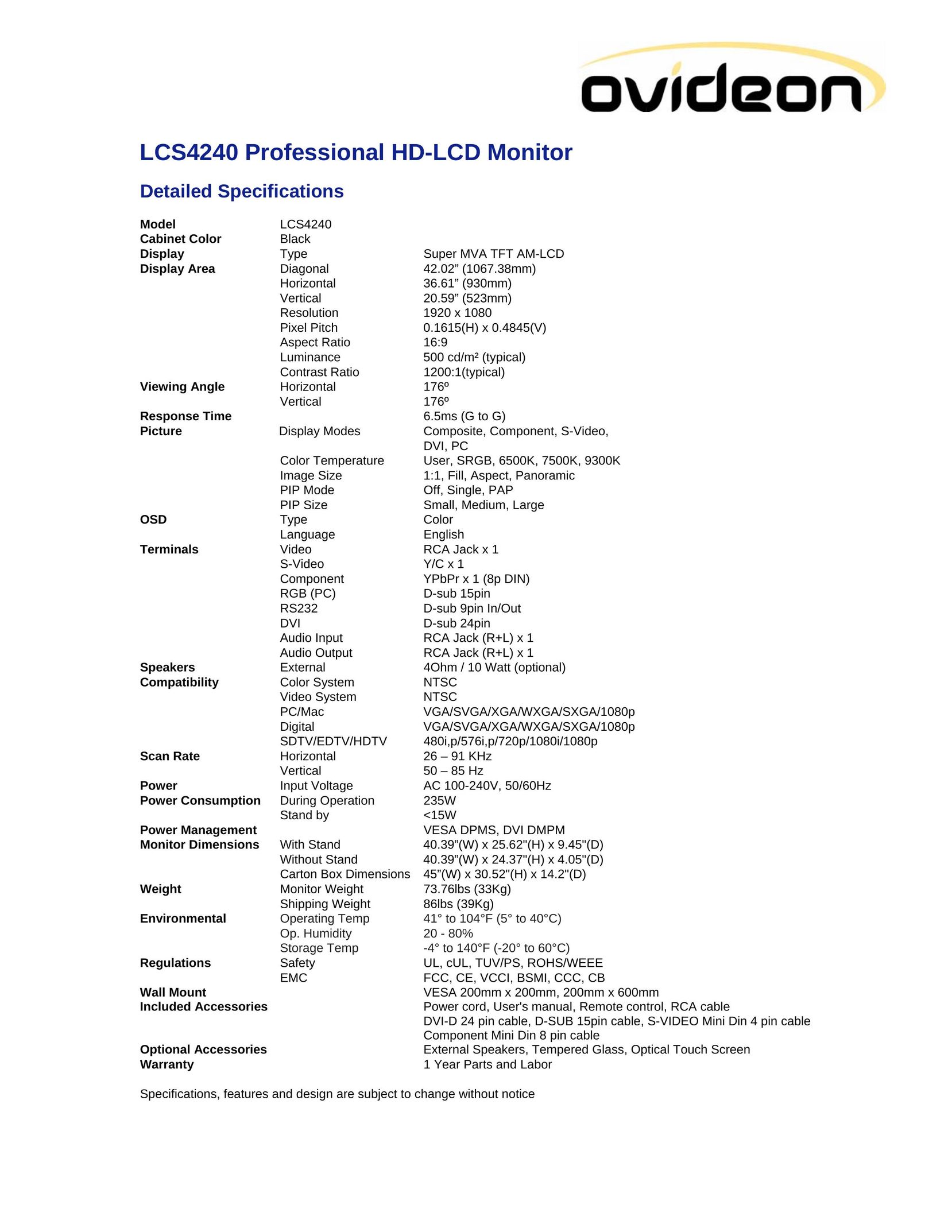 Ovideon LCS4240 Computer Monitor User Manual