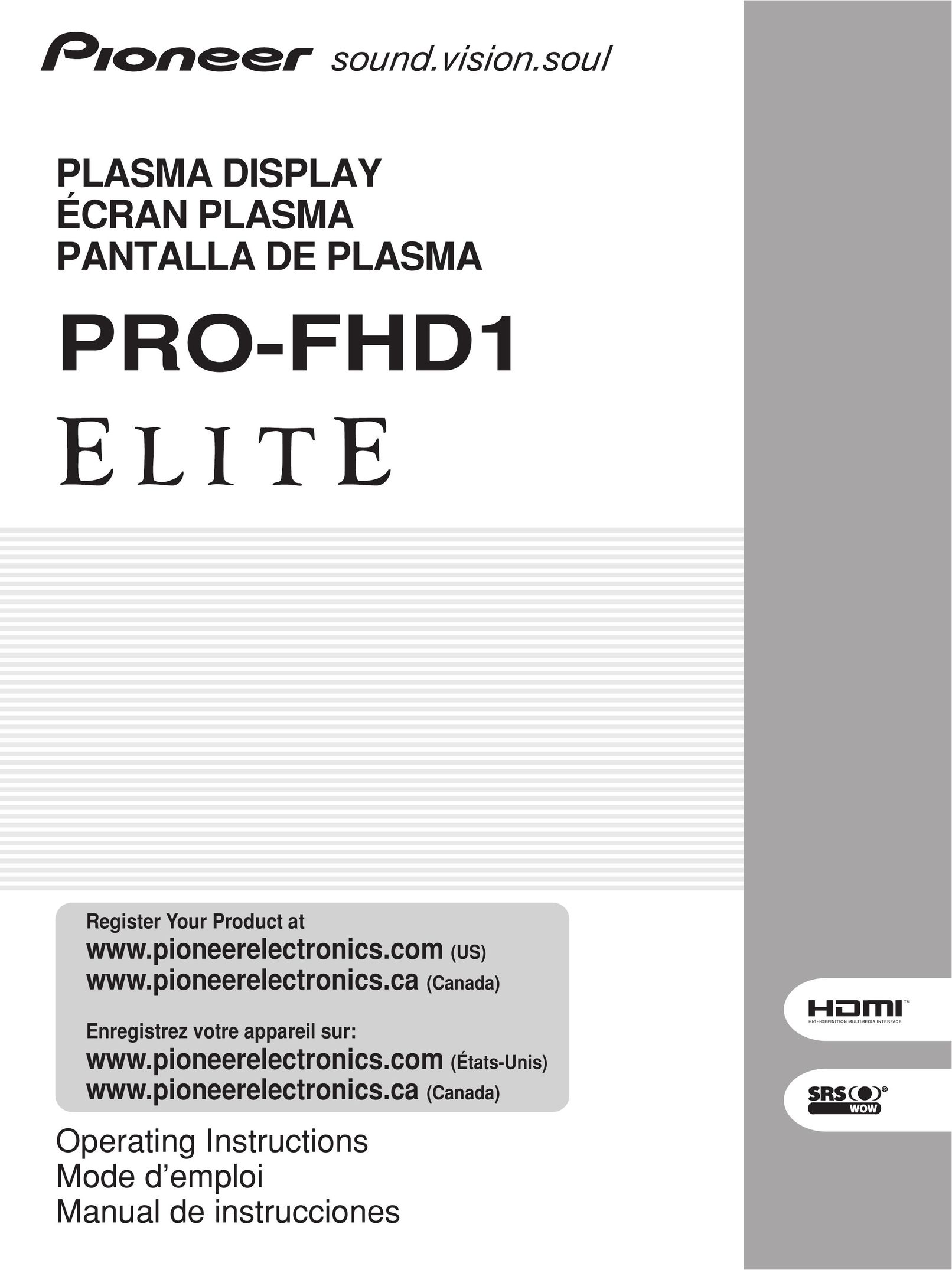 Pioneer PRO-FHD1 Computer Monitor User Manual