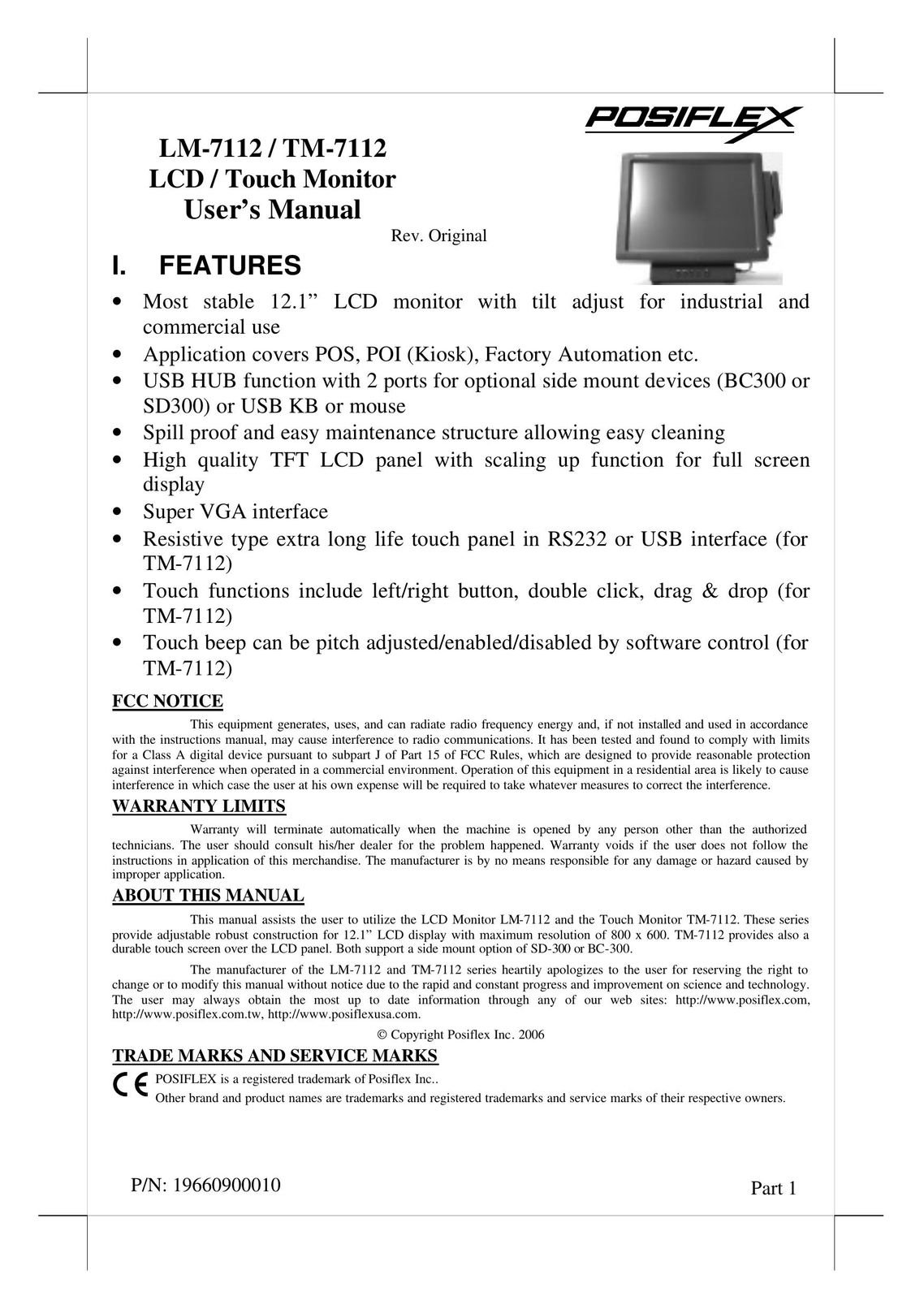 POSIFLEX Business Machines TM-7112 Computer Monitor User Manual