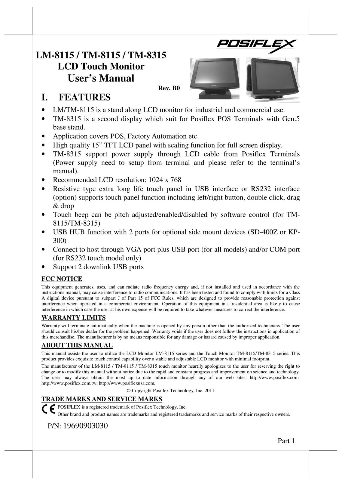 POSIFLEX Business Machines TM-8115 Computer Monitor User Manual