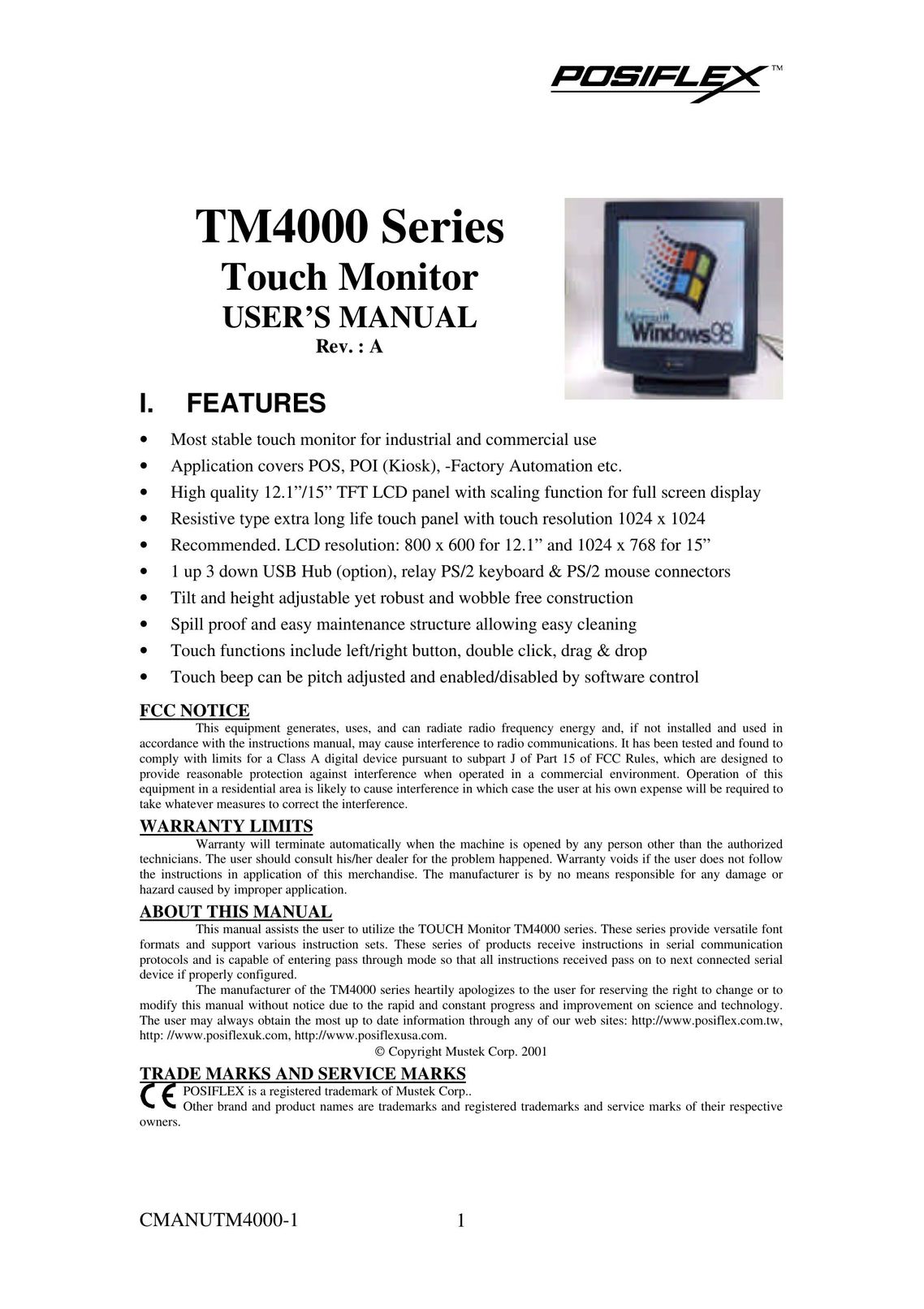 POSIFLEX Business Machines TM4000 Series Computer Monitor User Manual