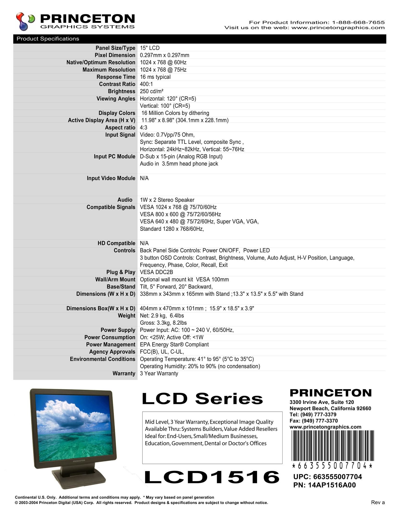 Princeton LCD1516 Computer Monitor User Manual