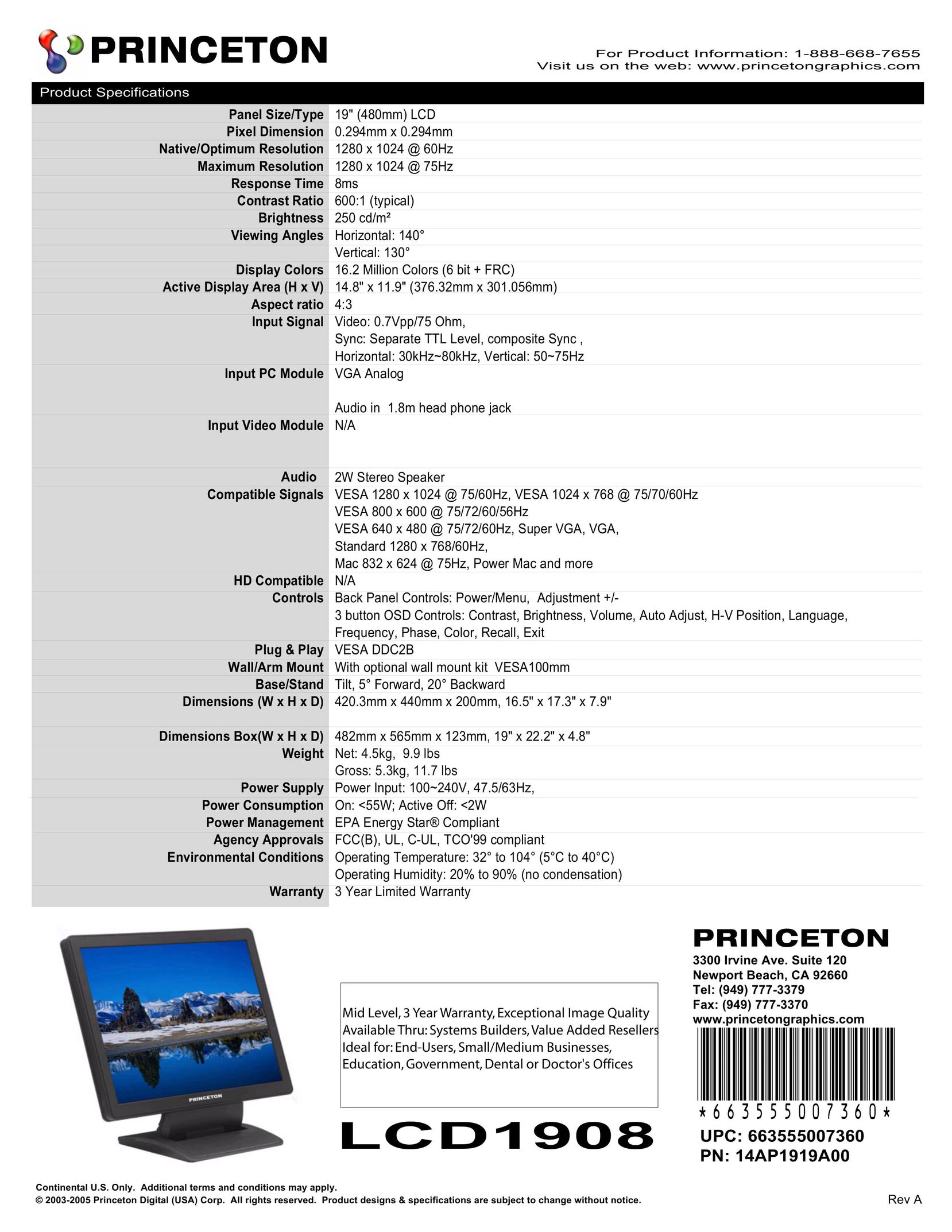 Princeton LCD1908 Computer Monitor User Manual