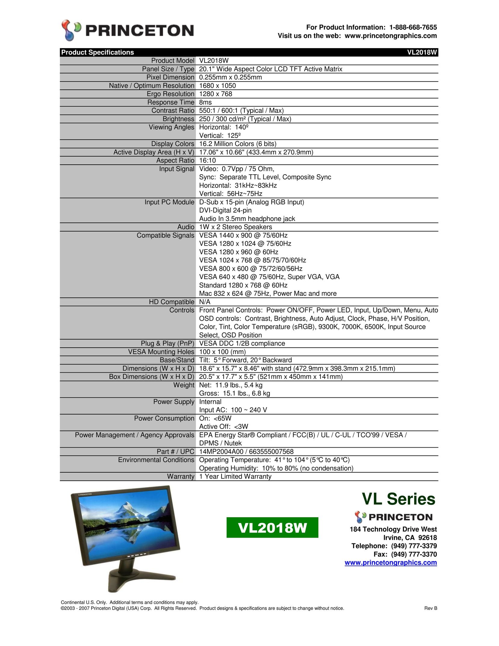 Princeton VL2018W Computer Monitor User Manual