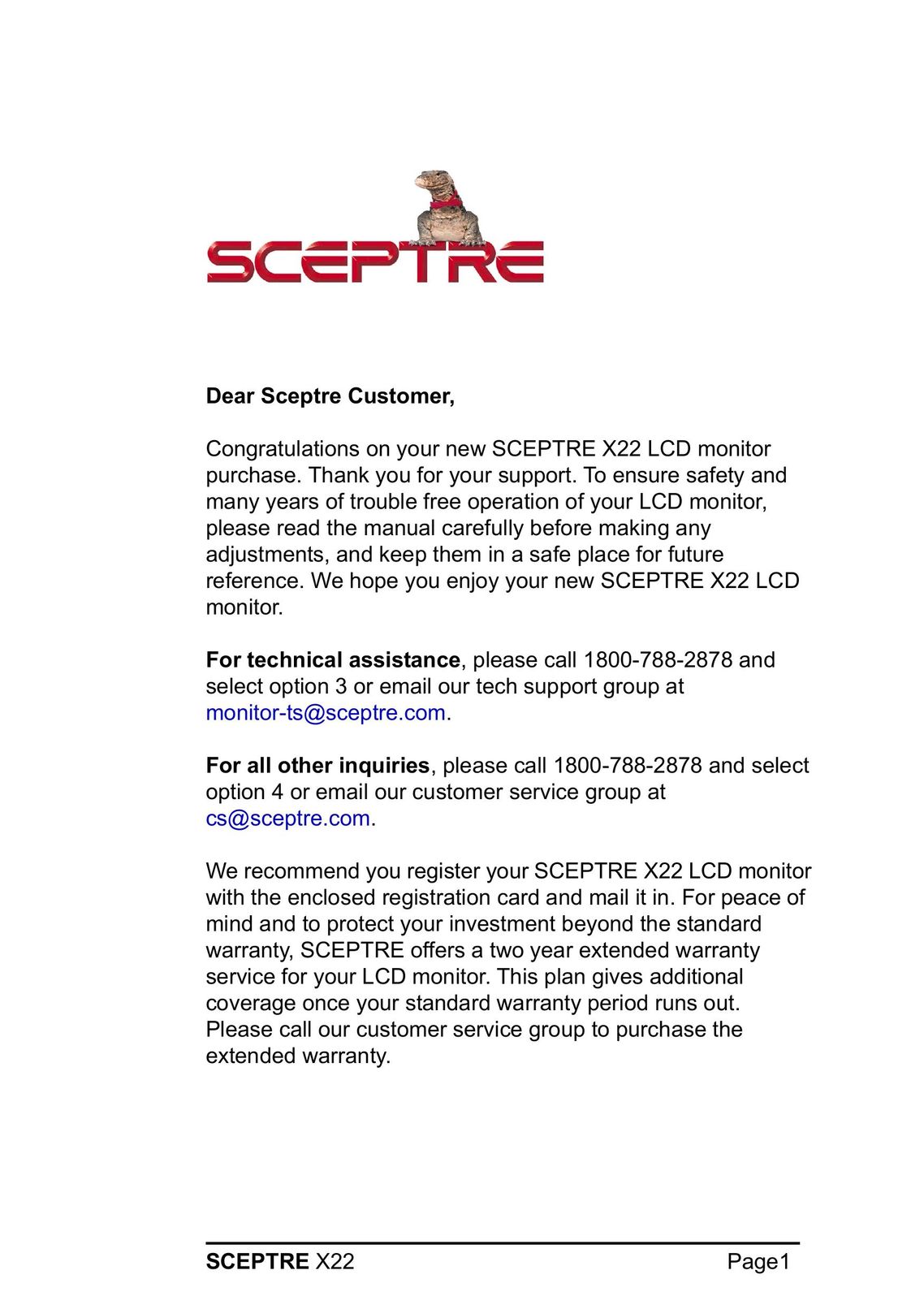 Sceptre Technologies X22 Computer Monitor User Manual