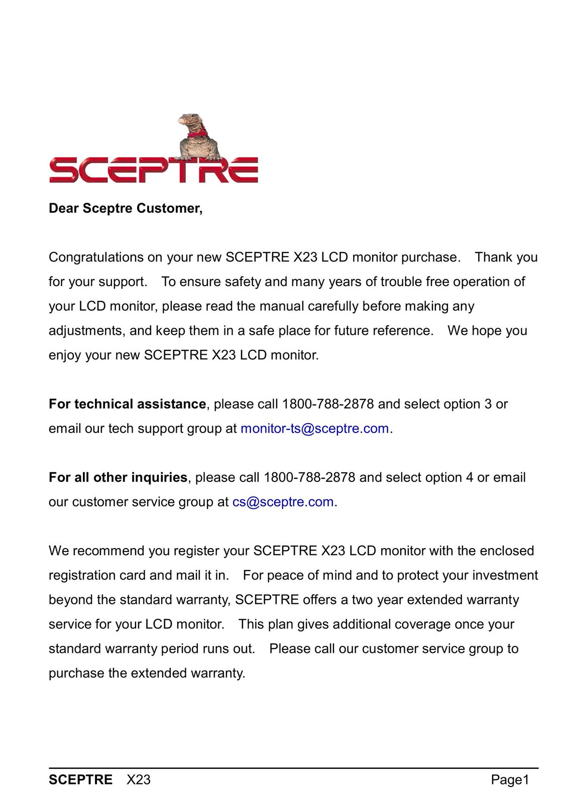 Sceptre Technologies X23 Computer Monitor User Manual