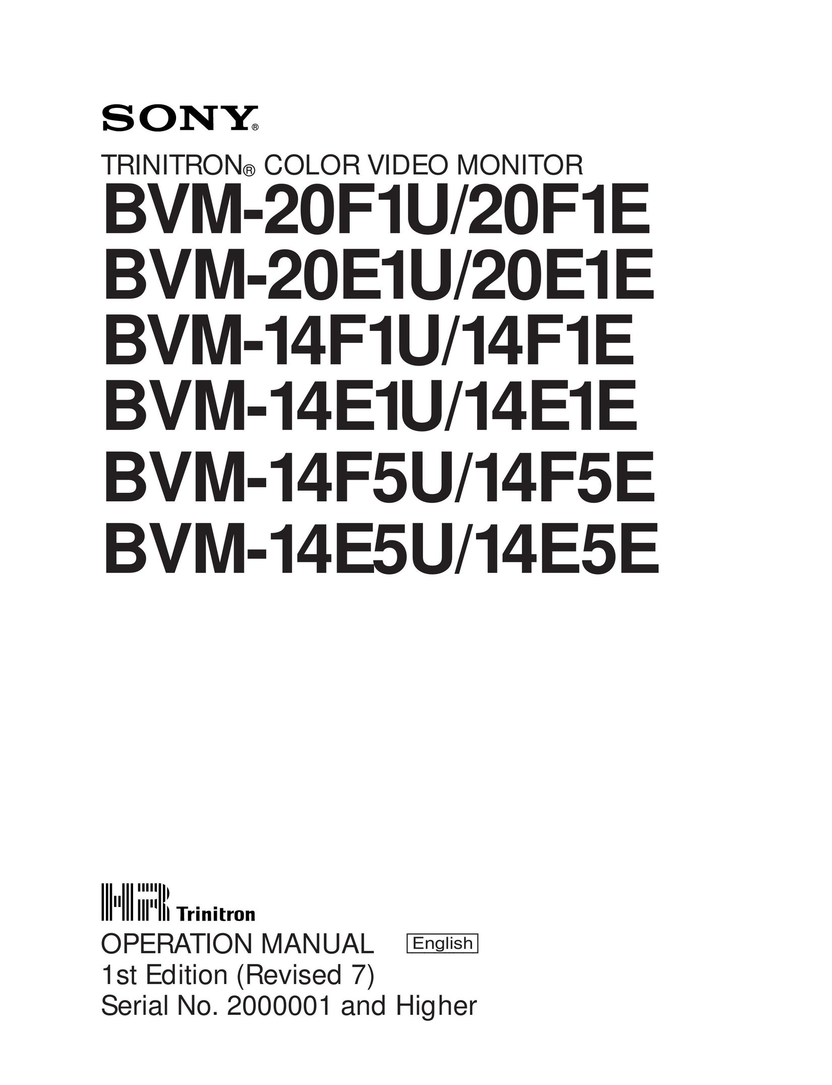 Sony BVM-20F1U, BVM-20F1E, BVM-20E1U, BVM-20E1E, BVM-14F1U, BVM-14F1E, BVM-14E1U, BVM-14E1E, BVM-14F5U, BVM-14F5E, BVM-14E5U, BVM-14E5E Computer Monitor User Manual