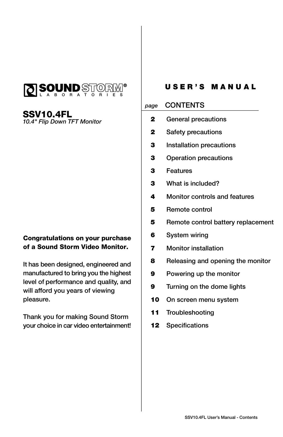 Sound Storm Laboratories SSV10.4FL Computer Monitor User Manual