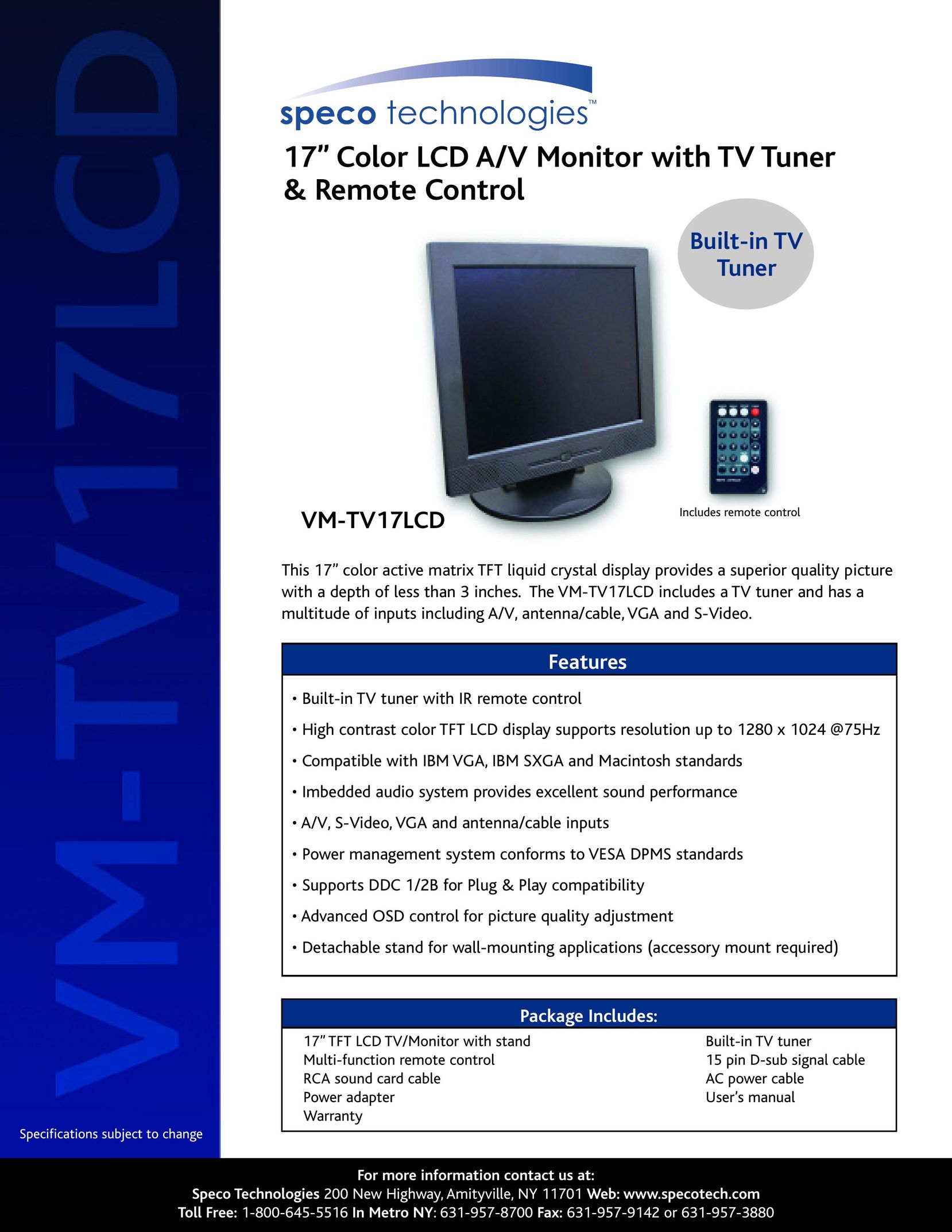 Speco Technologies VM-TV17LCD Computer Monitor User Manual