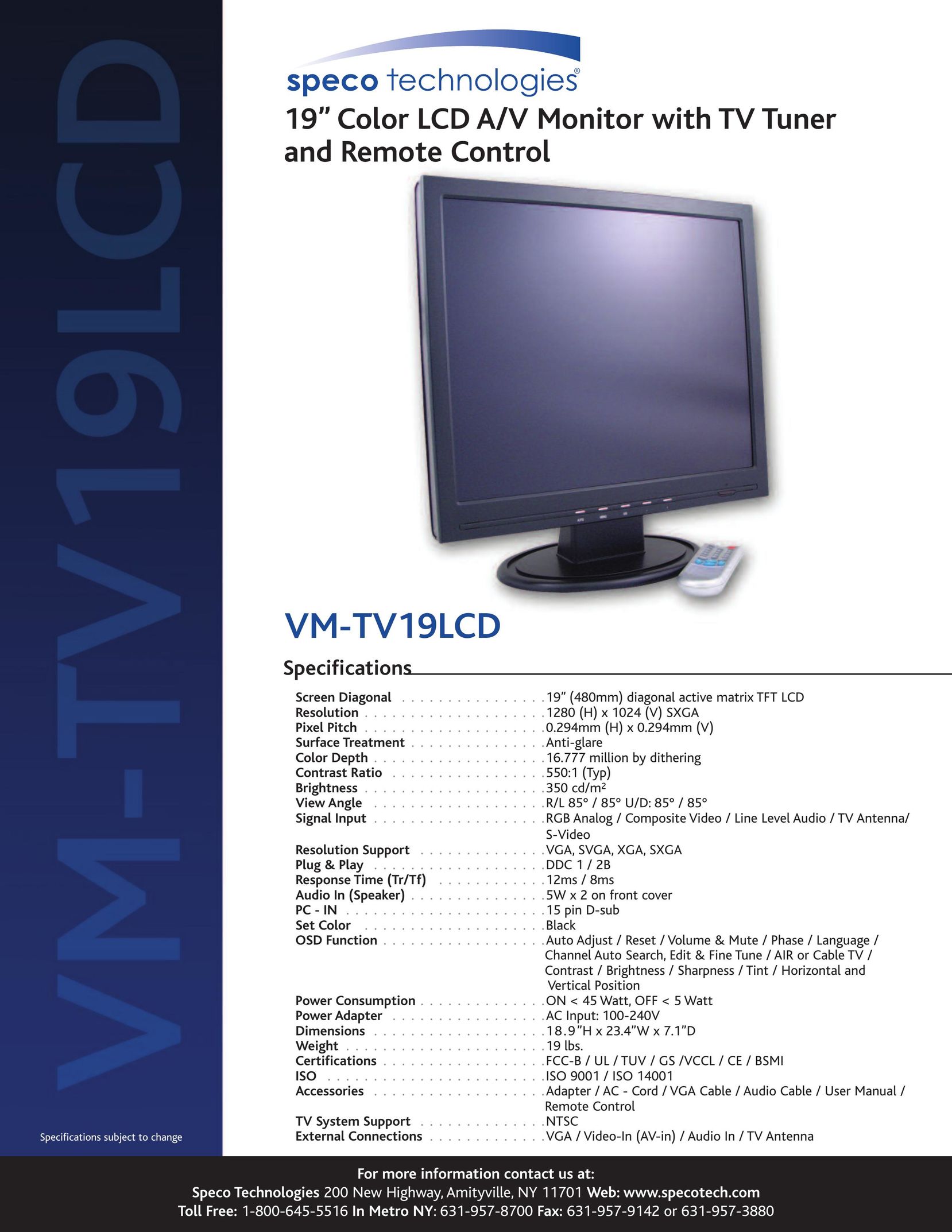 Speco Technologies VM-TV19LCD Computer Monitor User Manual