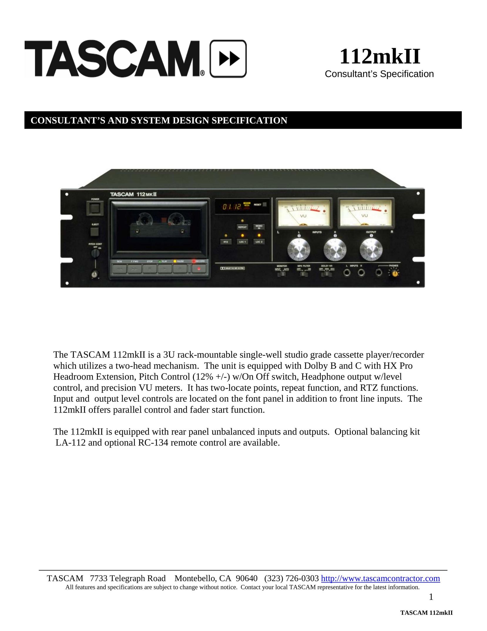 Tascam 112MKII Computer Monitor User Manual