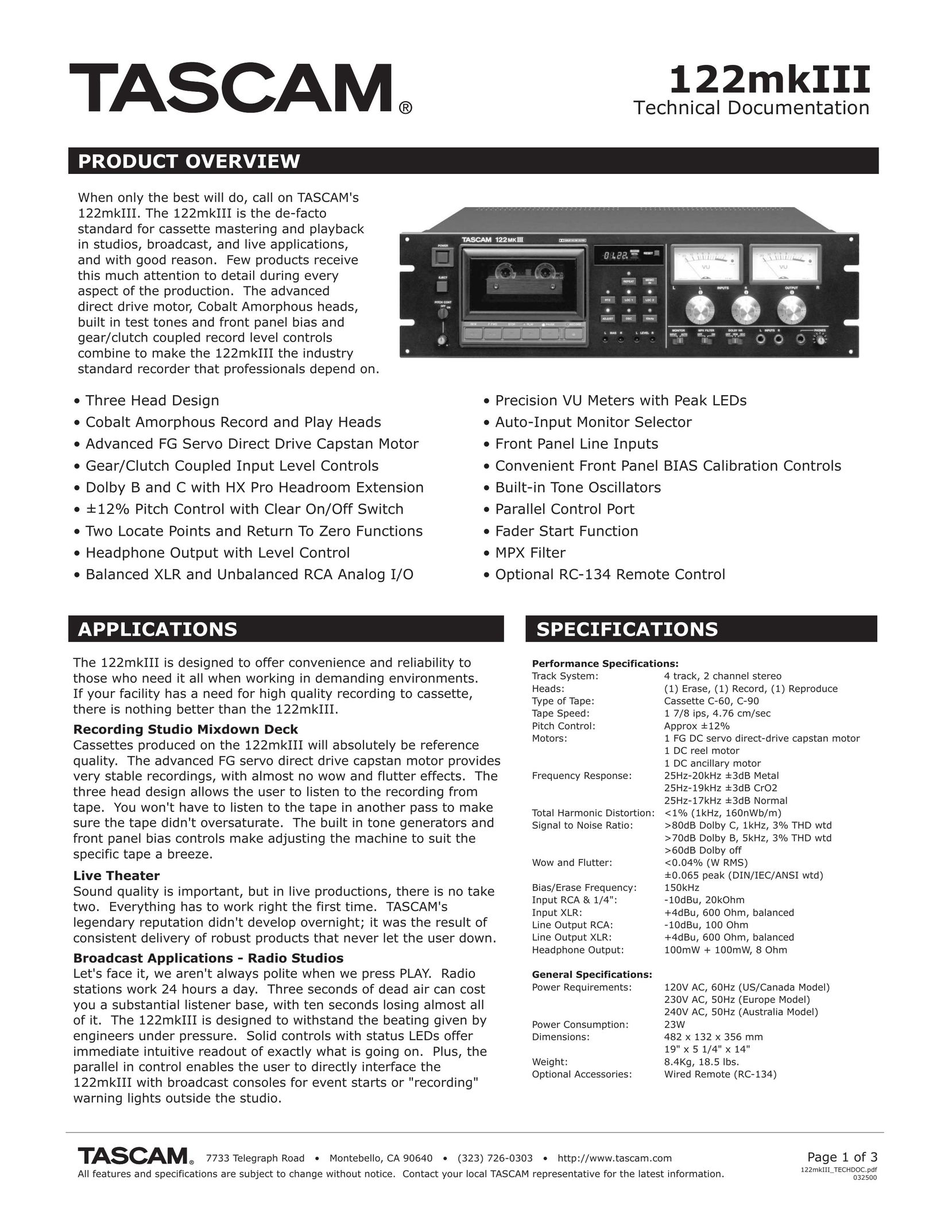 Tascam 122MKIII Computer Monitor User Manual