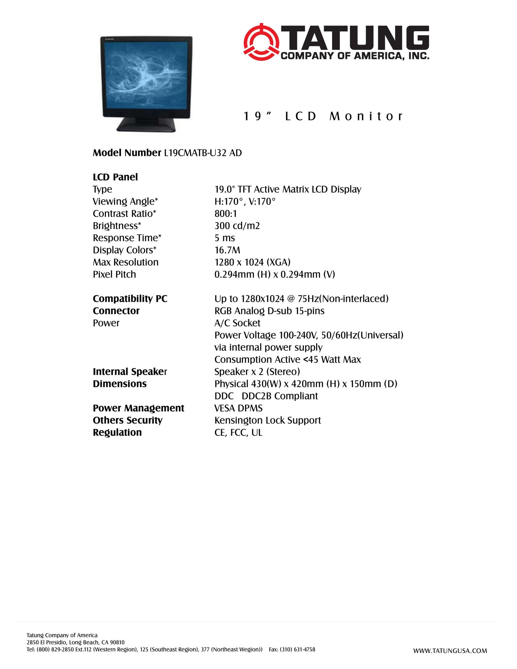 Tatung L19CMATB-U32 AD Computer Monitor User Manual