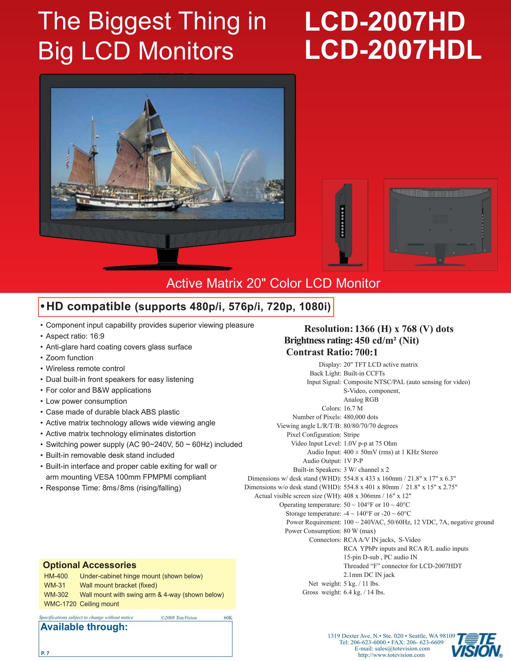 Tote Vision LCD-2007HD Computer Monitor User Manual