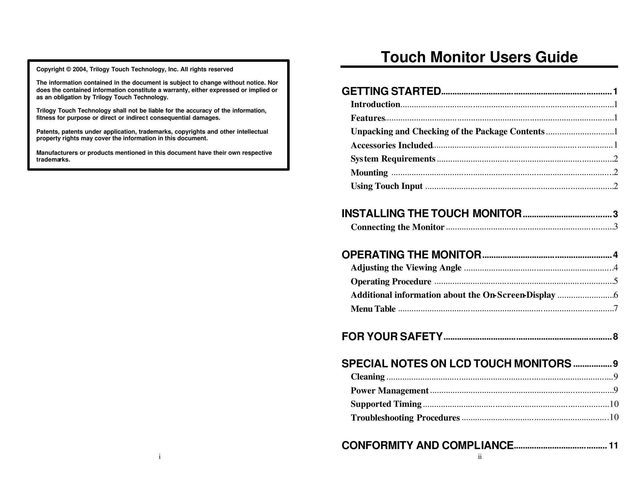 Trilogy Touch Technology Trilogy Touch Monitor Computer Monitor User Manual