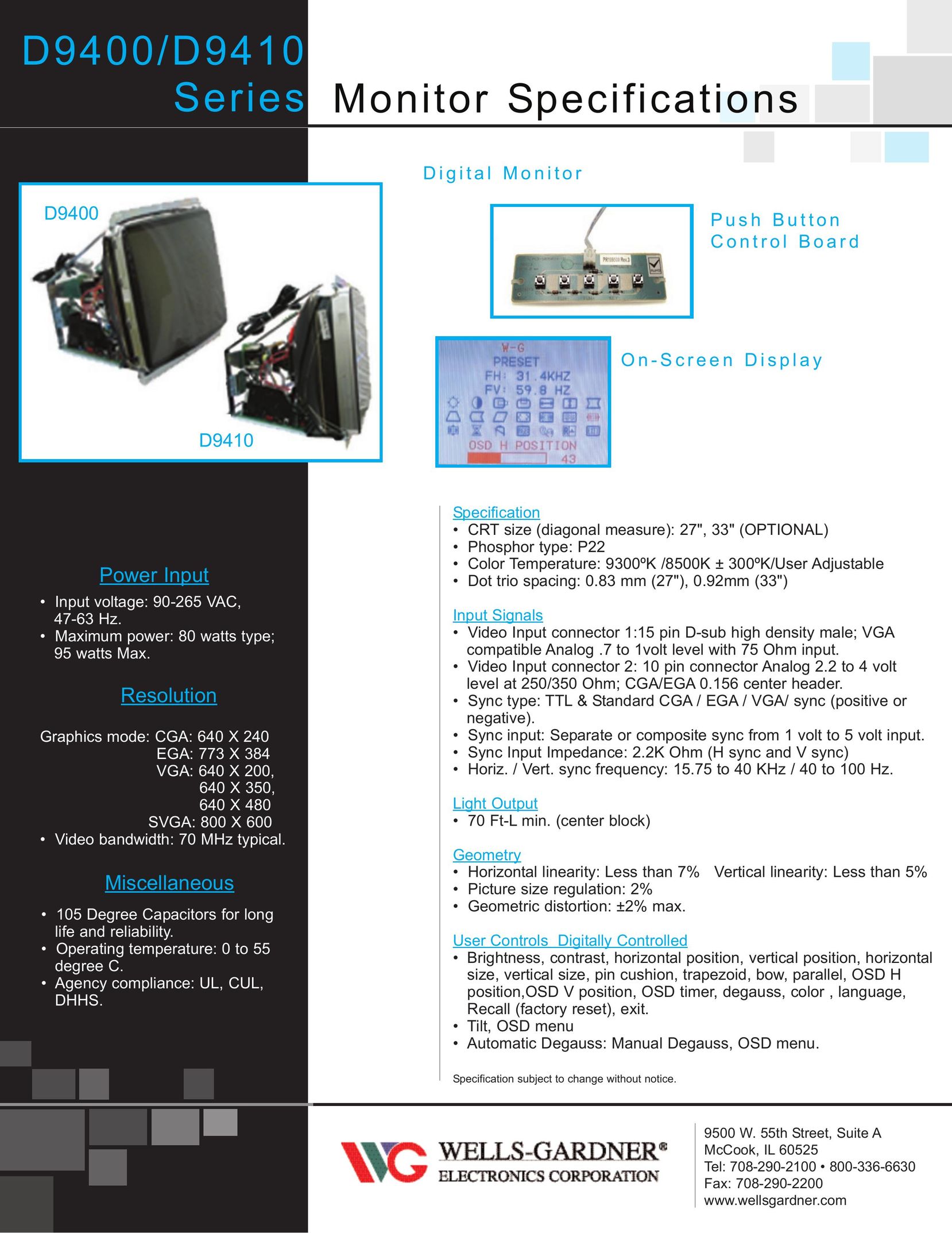 Wells-Gardner D9400 Computer Monitor User Manual
