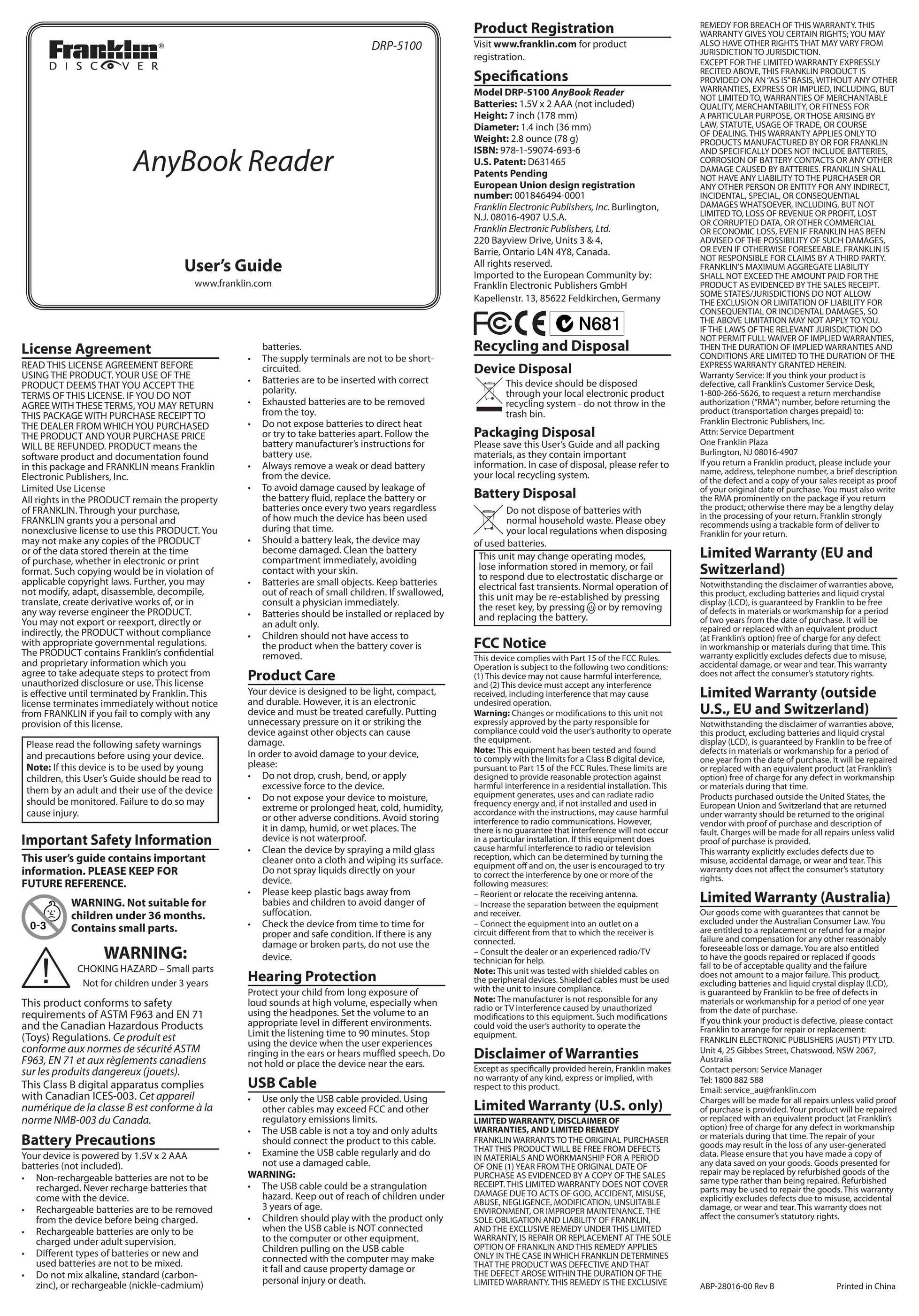 Franklin DRP-5100 eBook Reader User Manual