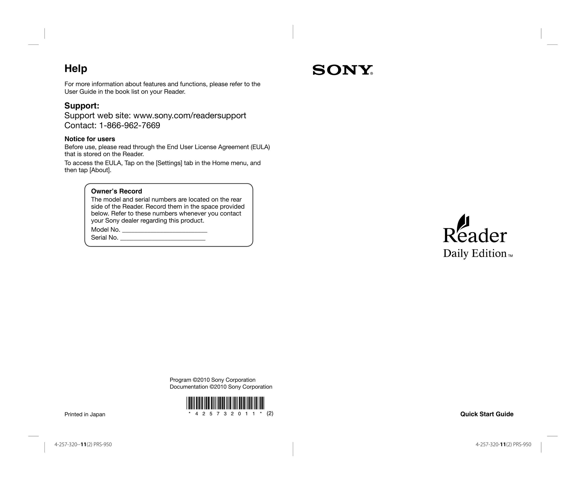 Sony 4-257-320-11(2) PRS-950 eBook Reader User Manual