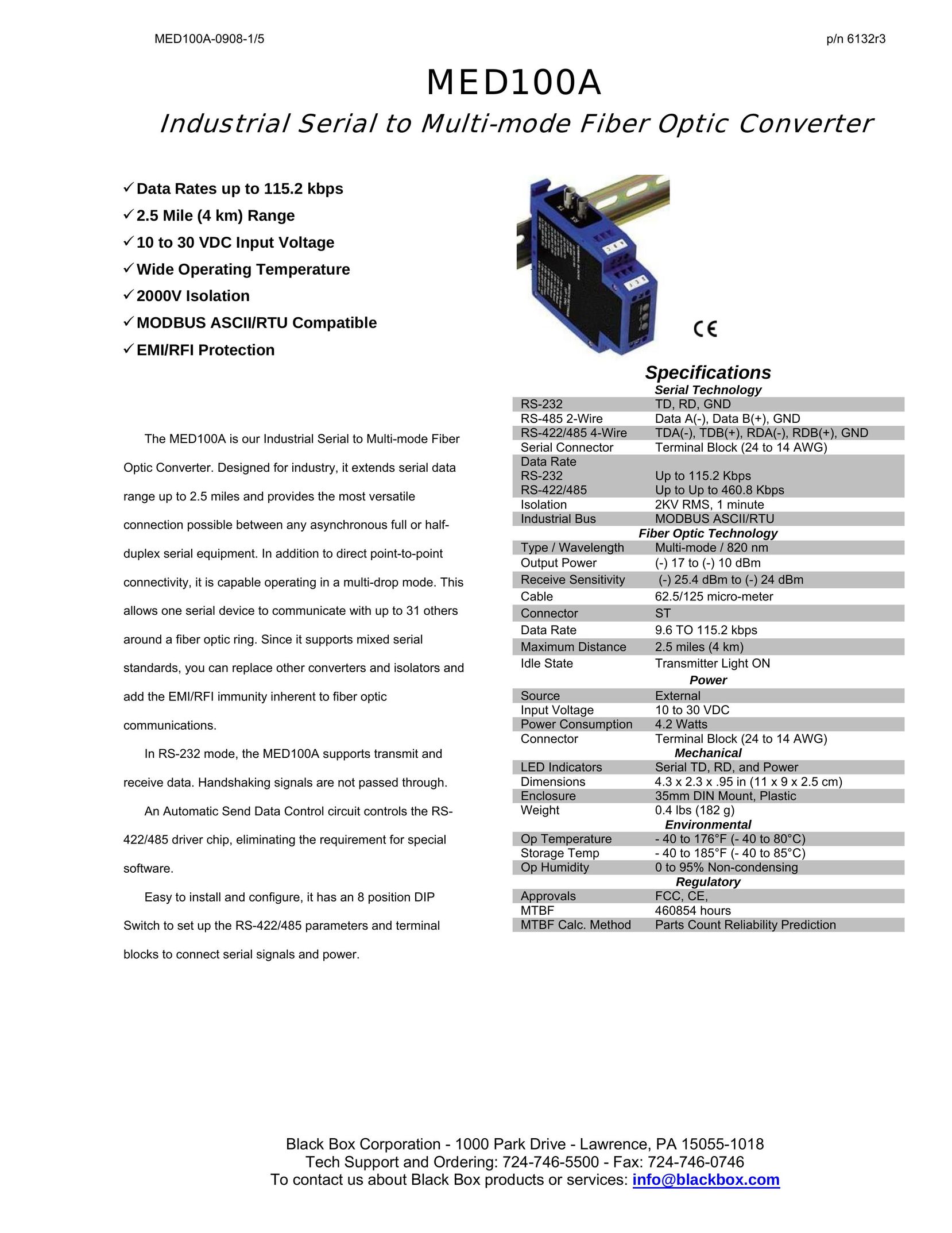 Black Box Industrial Serial to Multi-mode Fiber Optic Converter Electronic Accessory User Manual