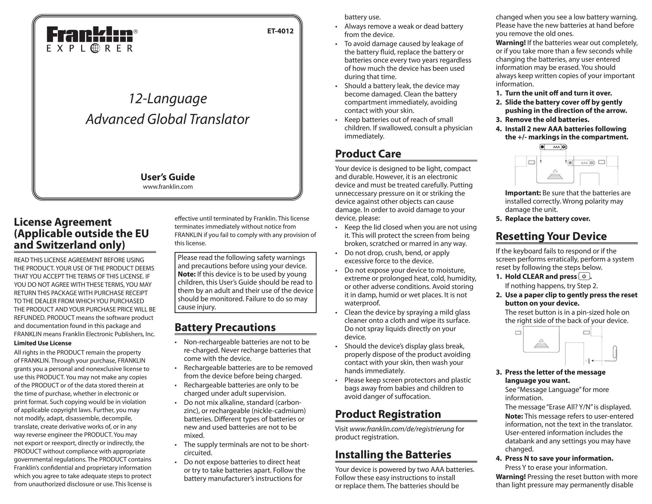 Franklin 12-Language Advanced Global Translator Electronic Accessory User Manual