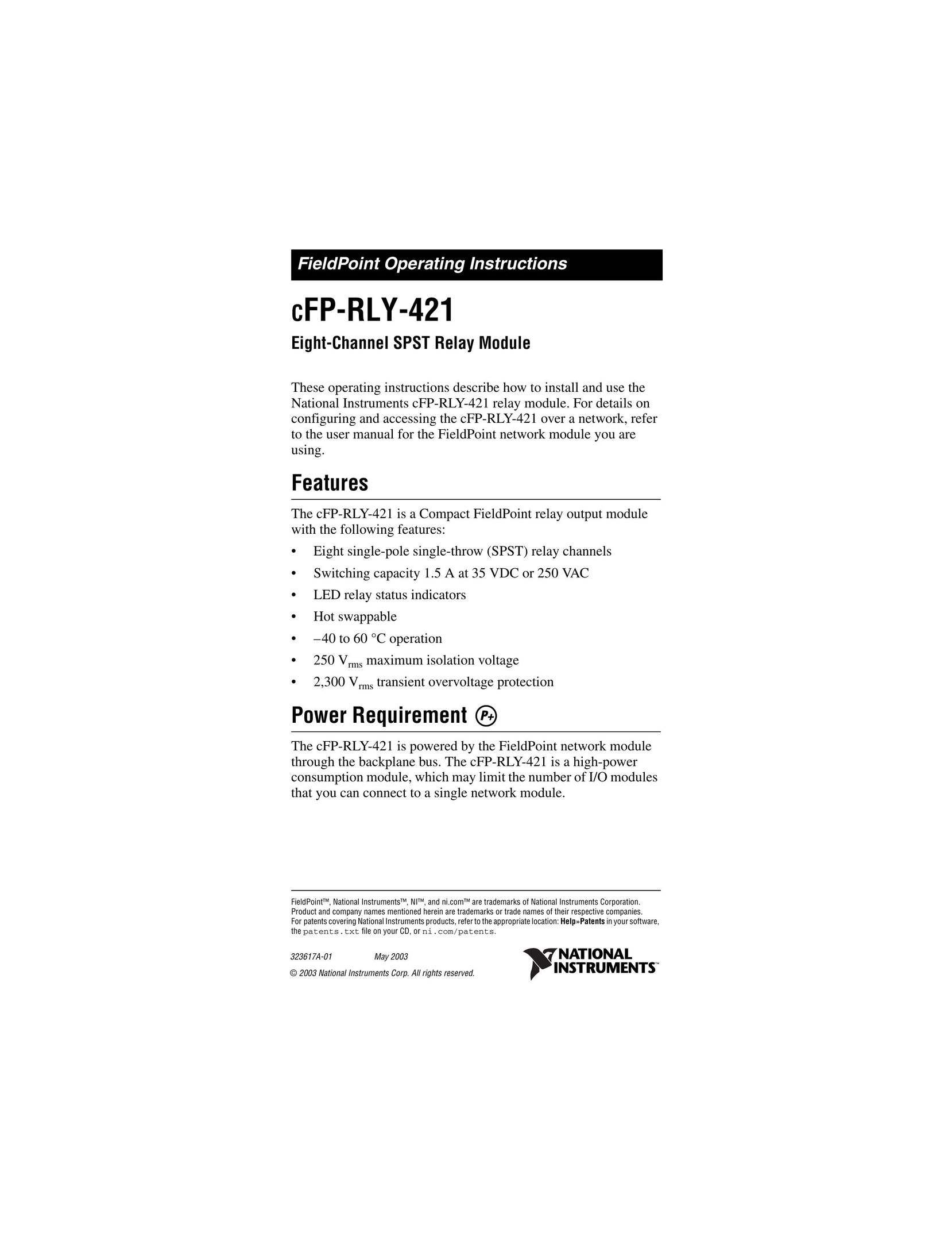 National Instruments CFP-RLY-421 Electronic Accessory User Manual