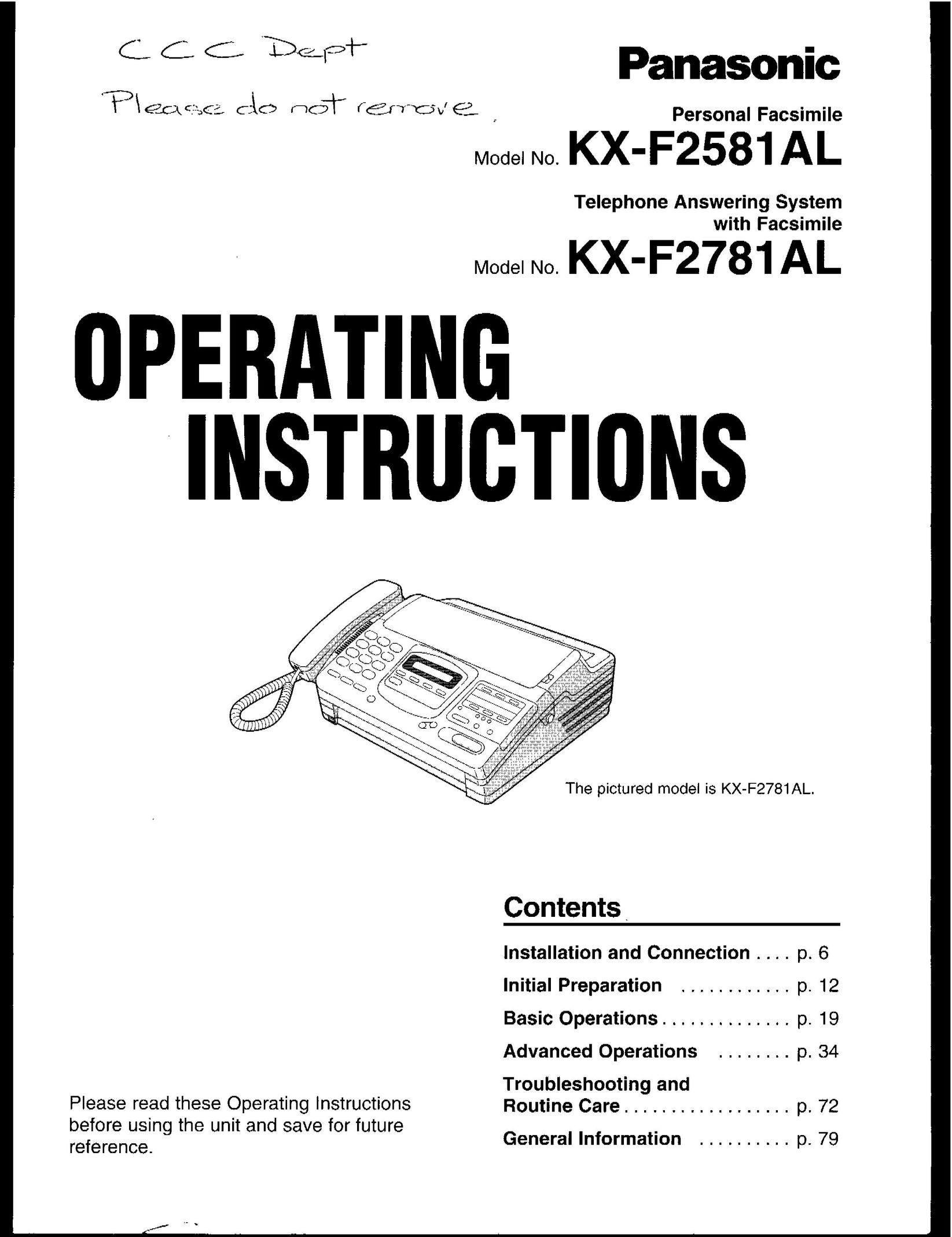 Panasonic KX-F2581AL Fax Machine User Manual