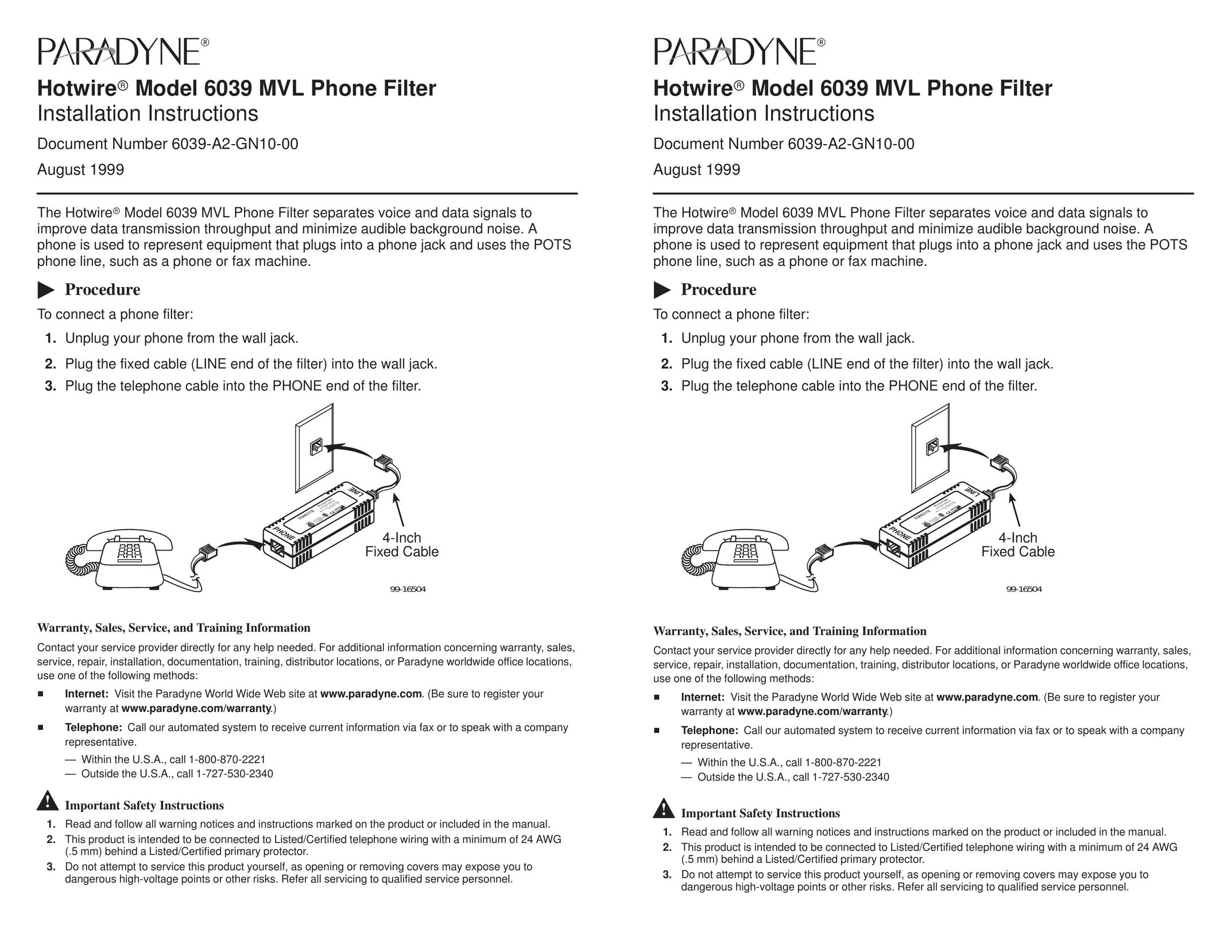 Paradyne Model 6039 MVL Fax Machine User Manual