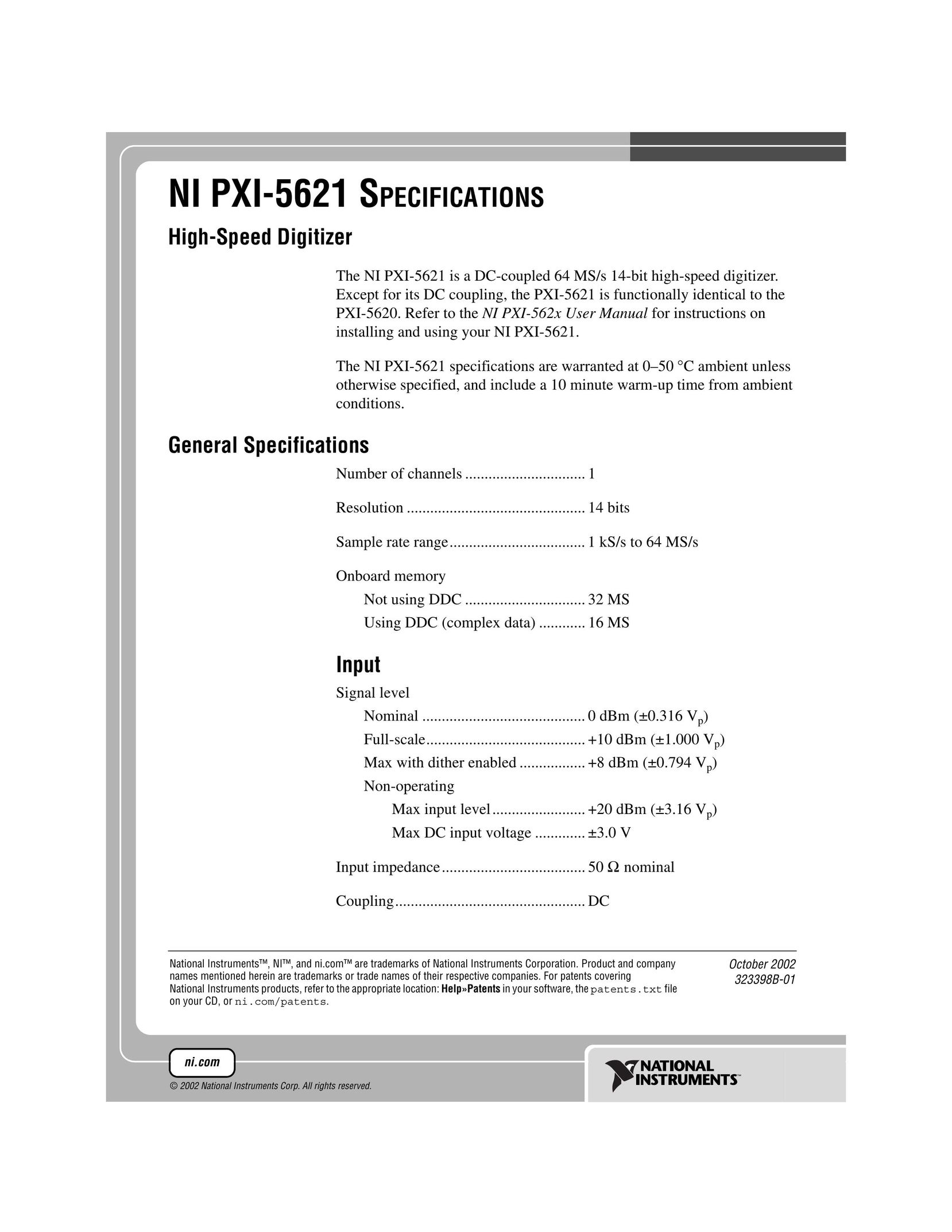 National Instruments NI PXI-5621 Graphics Tablet User Manual