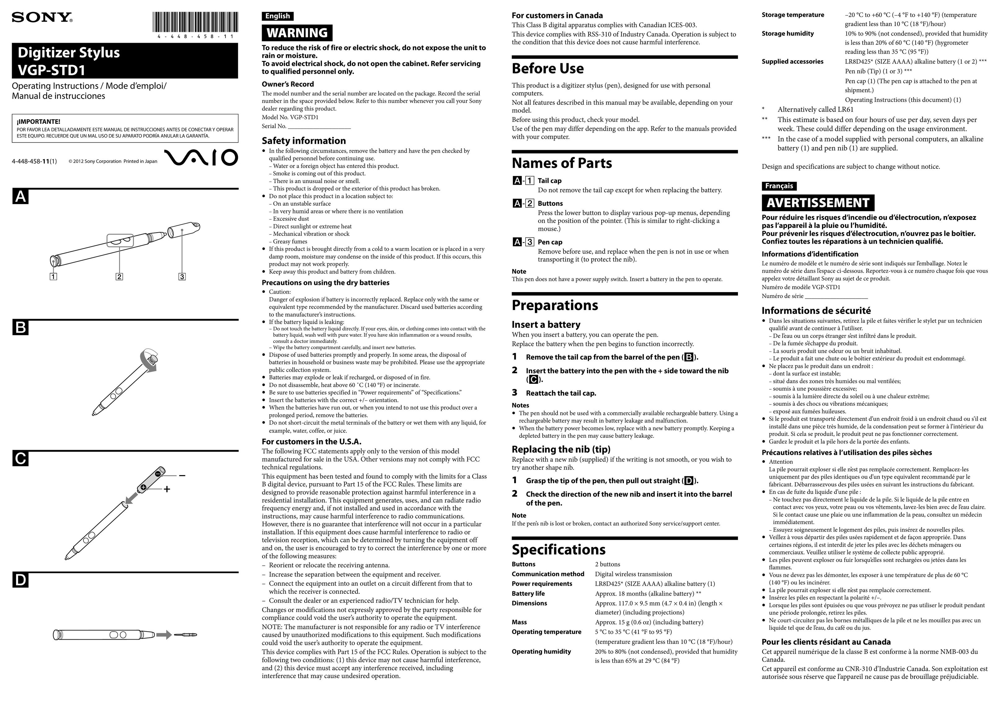 Sony VGPSTD1 Graphics Tablet User Manual