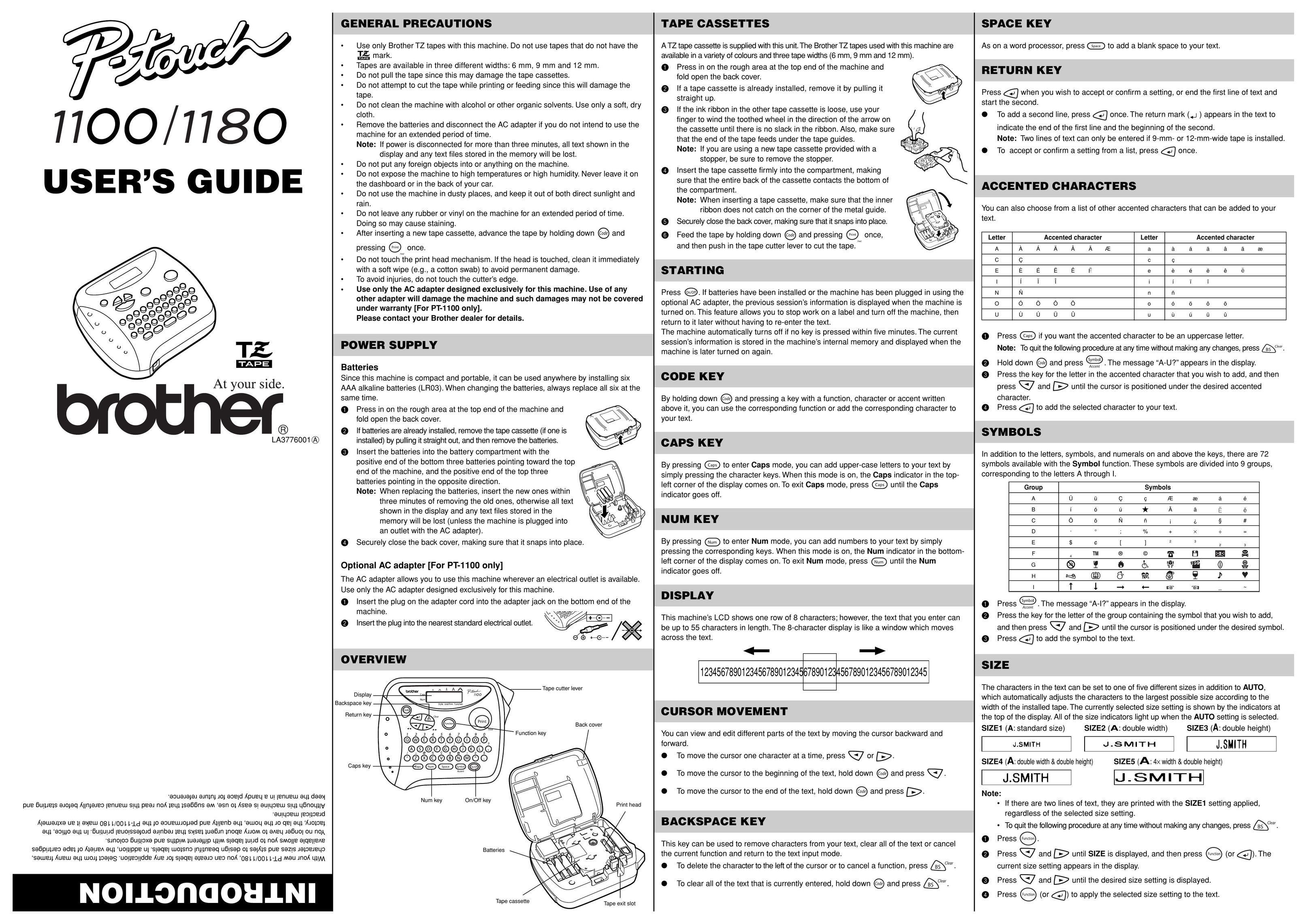 Brother LA3776001 Label Maker User Manual