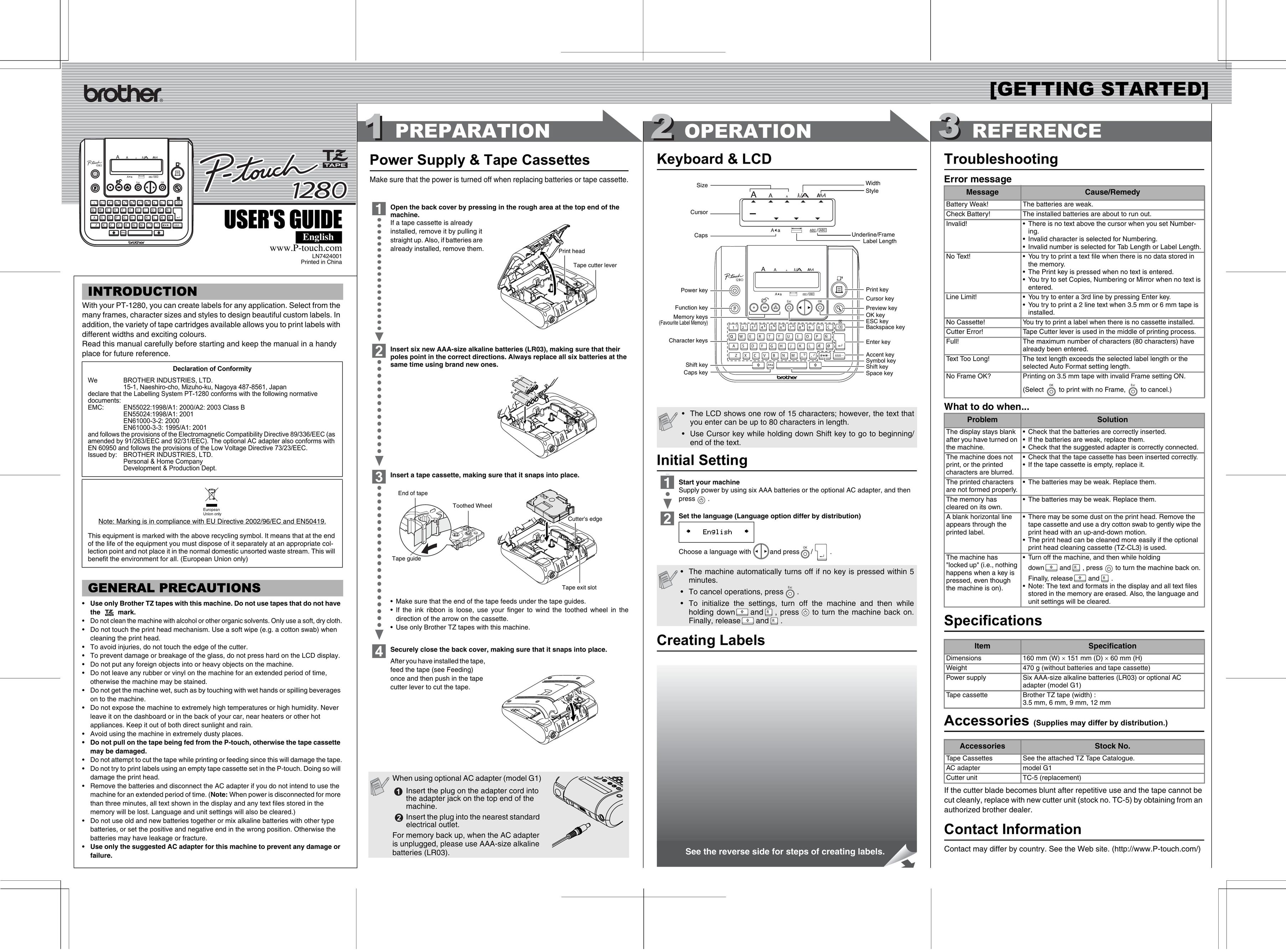 Brother LN7424001 Label Maker User Manual
