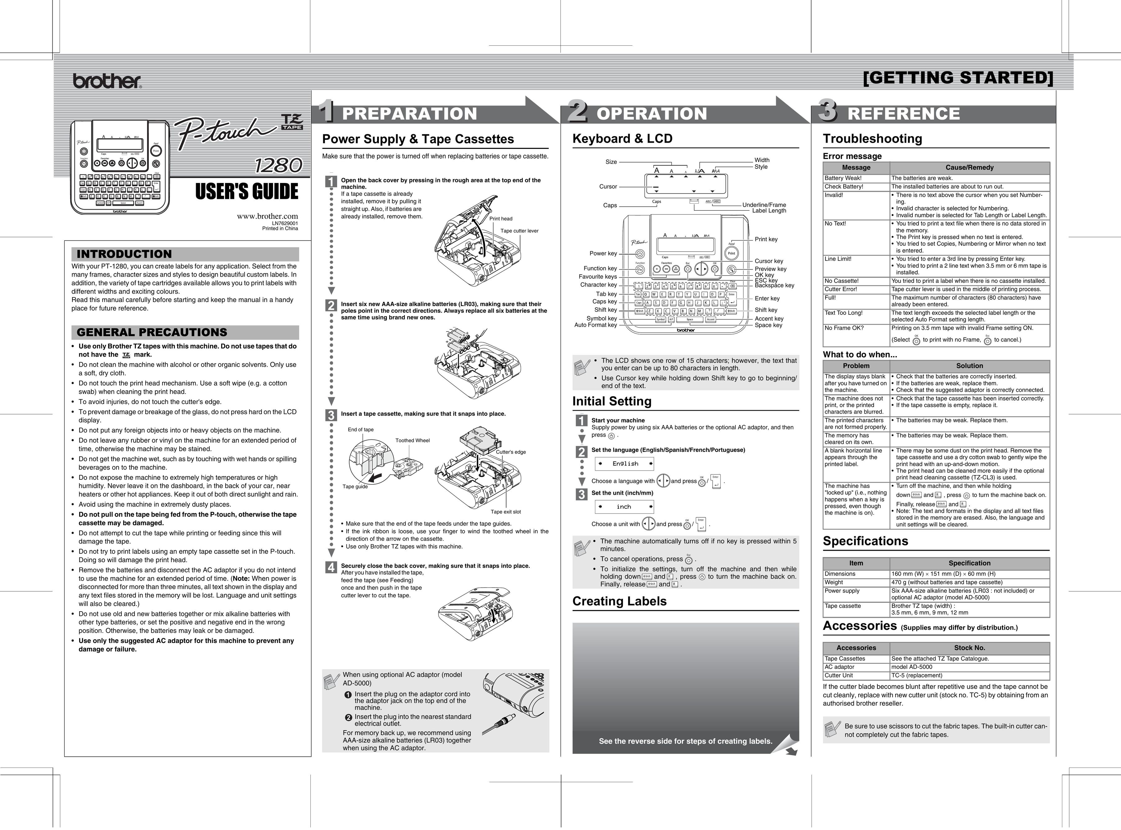 Brother LN7629001 Label Maker User Manual