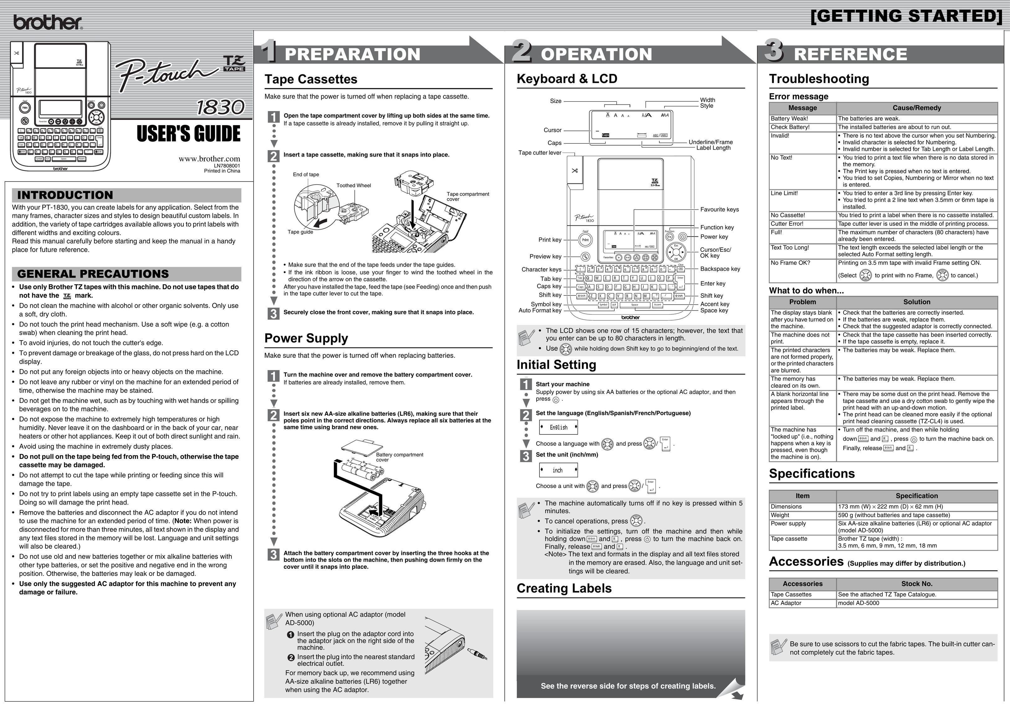 Brother LN7808001 Label Maker User Manual