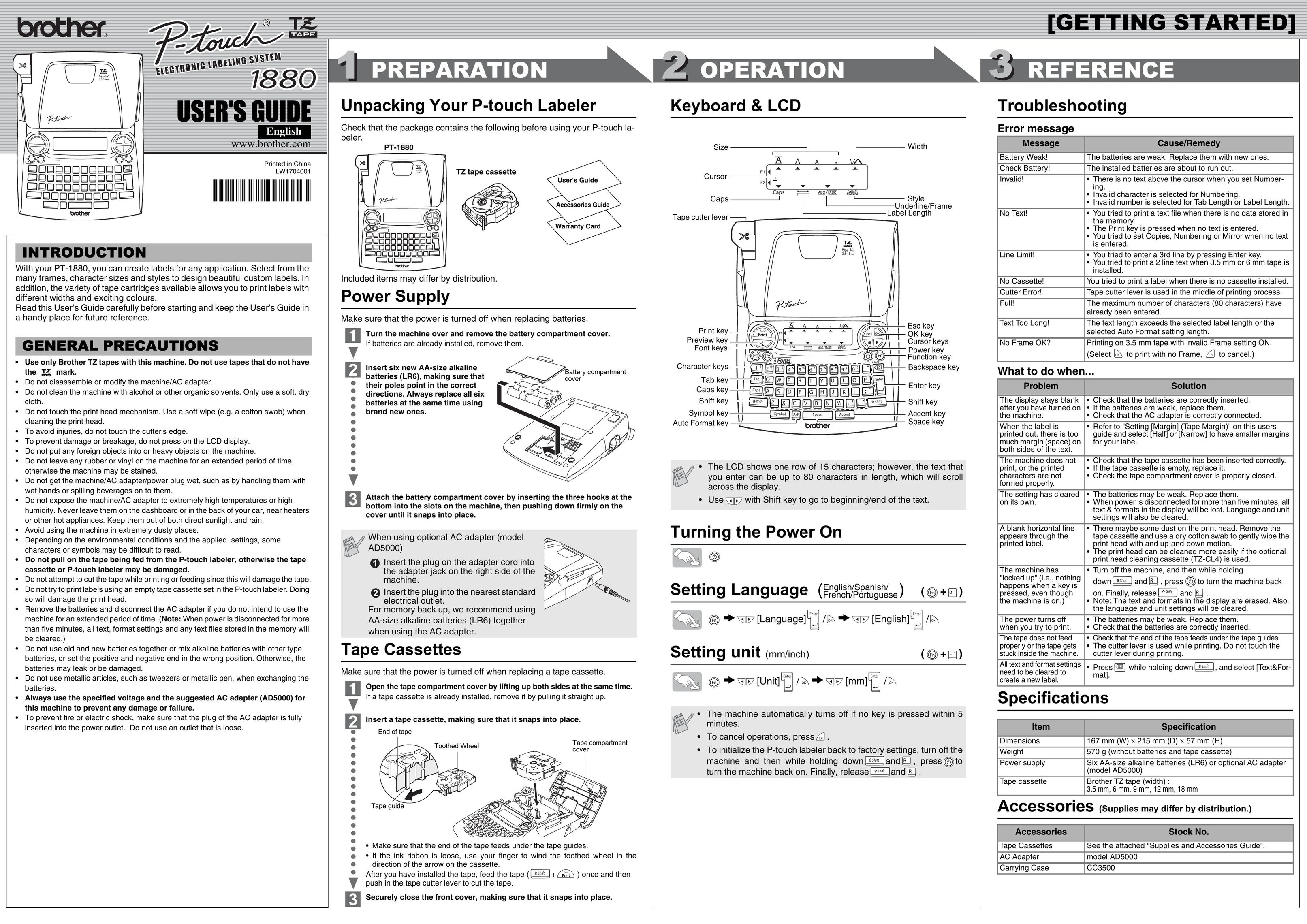 Brother LW1704001 Label Maker User Manual